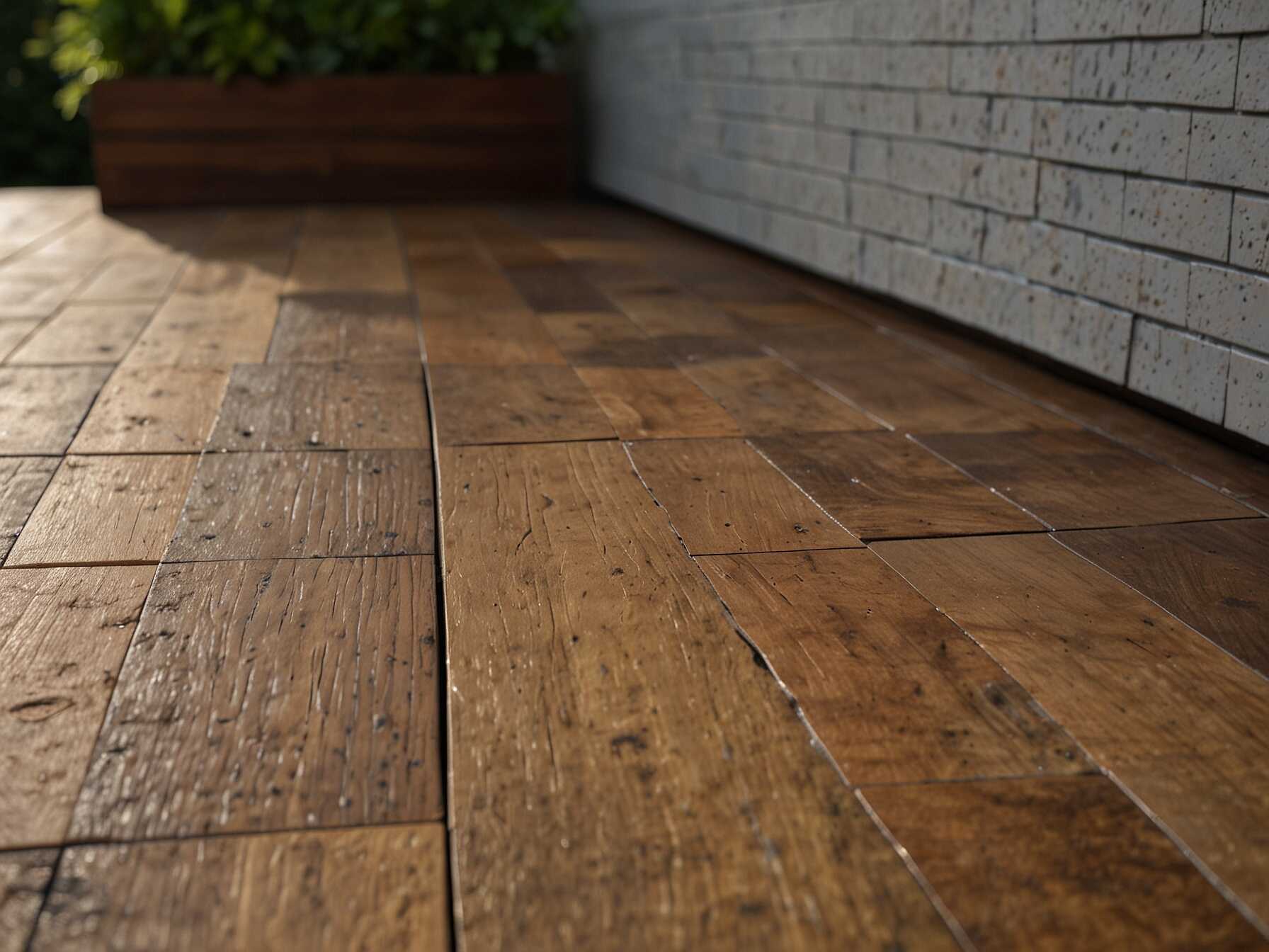 Wooden deck tiles are perfect for adding a warm, natural look to your small patio. They snap together, making installation easy and quick. You can even cut the tiles to fit your space. These tiles come in different shades and designs. You can choose a color that matches your home. They also feel good underfoot and add a cozy touch. They need some care to keep them looking good. A simple wood sealer can protect them from weather damage. Otherwise, they will age quickly.