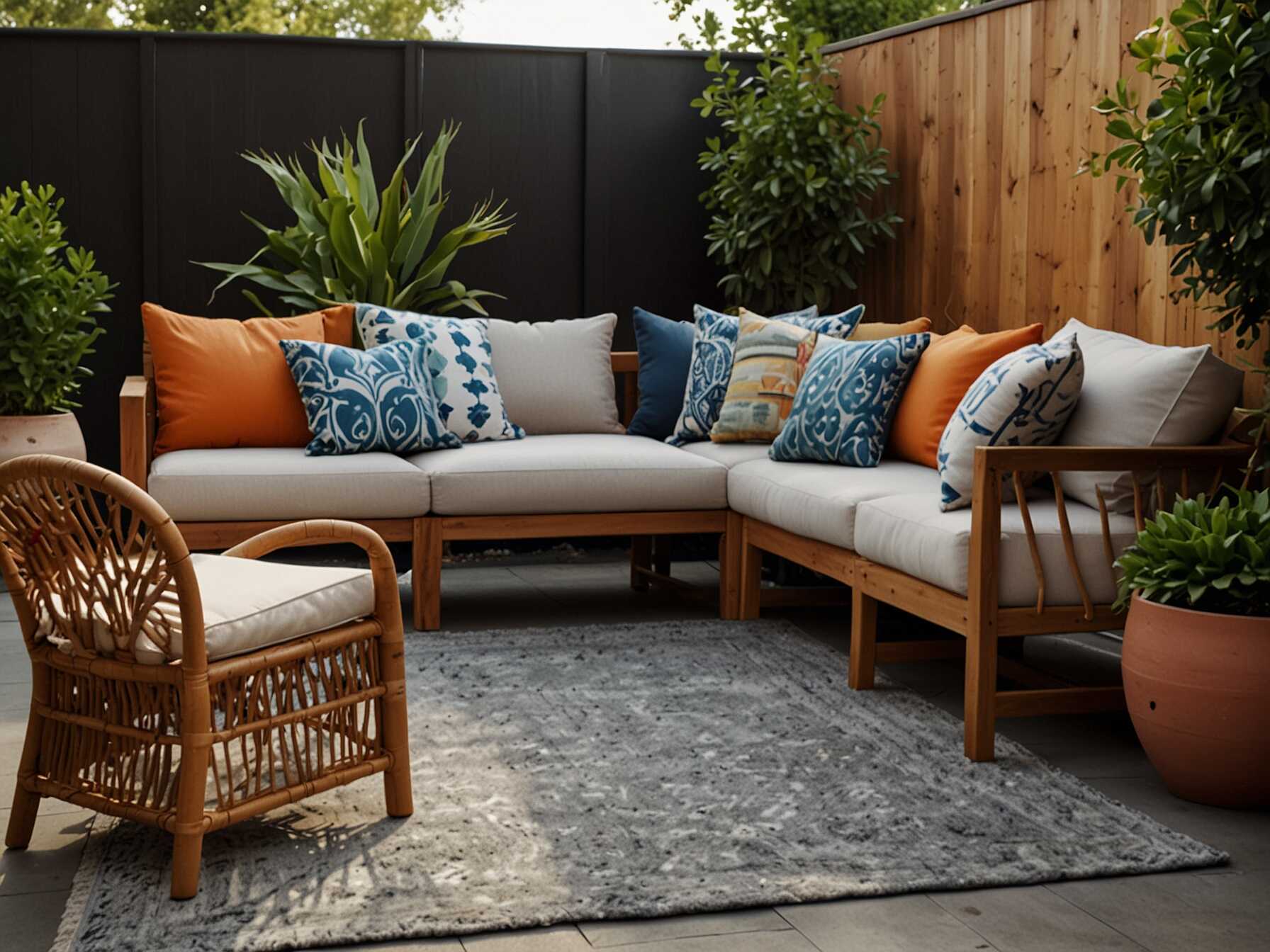 Go for weather-resistant materials. This keeps your furniture looking good all year. Add cozy cushions and throws. Add a rug for extra comfort. It ties the seating area together. This space is perfect for relaxing and entertaining.