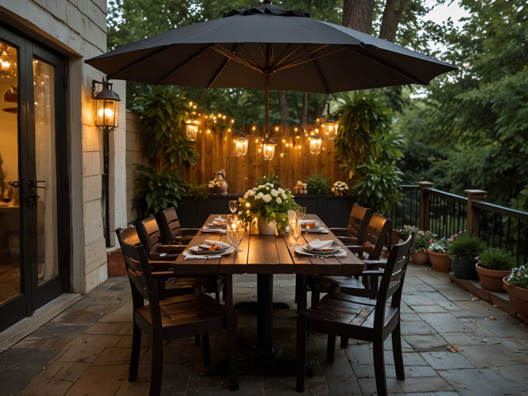 Consider a table with an umbrella. This will provide shade during sunny days. Pick comfortable, weather-resistant chairs. Decorate with string lights. This will create a lovely atmosphere. It’s perfect for evening dinners and parties.