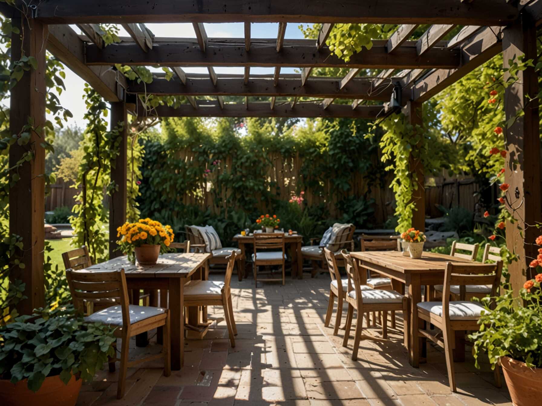 The vines provide natural shade and beauty. Choose colorful flowers for added charm. This creates a pleasant spot. Under the pergola, place some seating. A table and chairs work well. This area will stay cool and inviting.