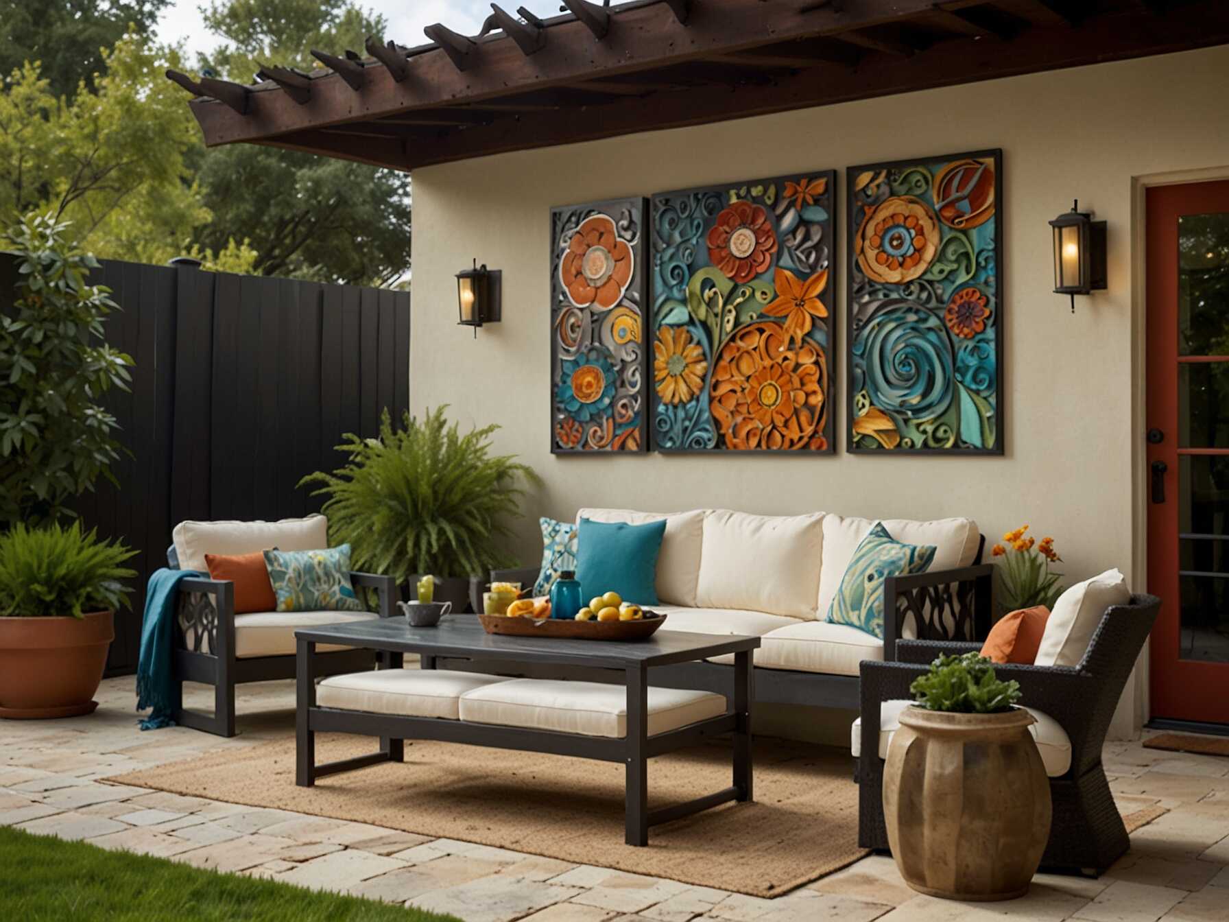 Decorative art on your patio walls adds personality. Pick pieces that match your outdoor theme. From metal sculptures to framed prints, the options are endless.  Large and bold pieces make a big impact. They draw the eye and make your patio feel unique. You can even create your own art with paint and creativity.  Keep in mind, weather can affect certain materials. Choose art that can withstand outdoor conditions for long-lasting beauty.  