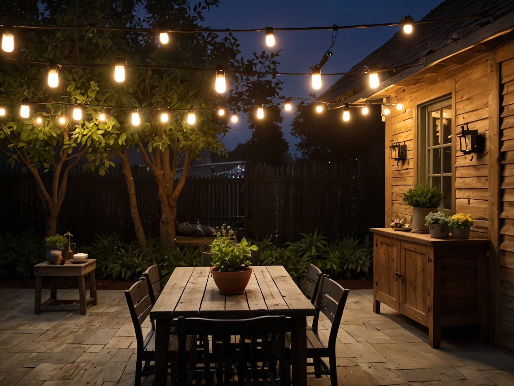 Hanging lights create a cozy atmosphere. String lights or lanterns work wonders in small patios. They add a warm, welcoming glow.  You can hang lights on the wall or from hooks. Solar-powered lights save energy and are easy to install. They also come in various shapes and colors.  Add a timer to control when the lights turn on and off. This way, your patio stays illuminated without any effort from you.  