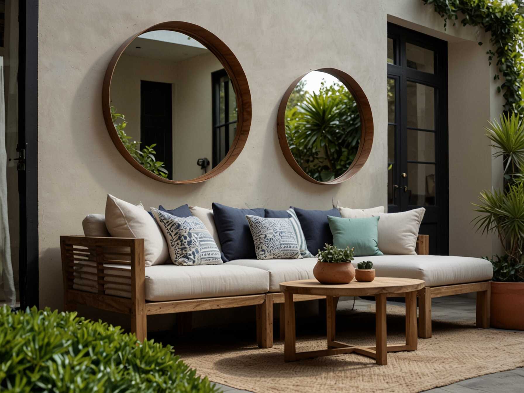 Mirrors make your patio look bigger. They reflect light and open up the space. Hang a mirror on one wall for an amazing effect.  You can use different shapes and sizes. Round mirrors soften the look, while rectangular ones keep it modern. Select mirrors designed for outdoor use to avoid damage.  Mirrors also reflect your beautiful plants and decorations. This adds depth and makes the space feel more complete.  