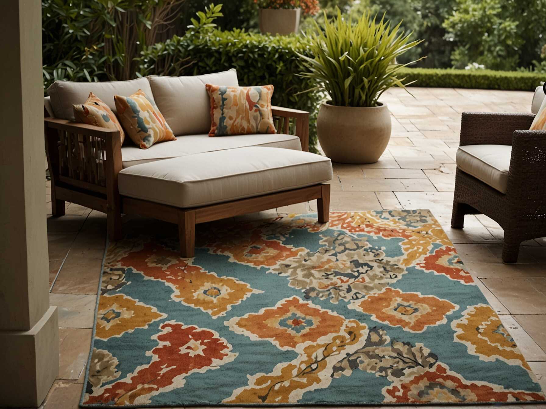 Outdoor rugs bring color and comfort. They define the space and make it cozy. Choose weather-resistant rugs to handle rain and sun.  Pick patterns and colors you love. Bold designs can make the patio lively. Neutral tones create a calming effect.  Lay the rug in front of the seating area. This creates a focal point. Outdoor rugs add style and warmth to your patio.  