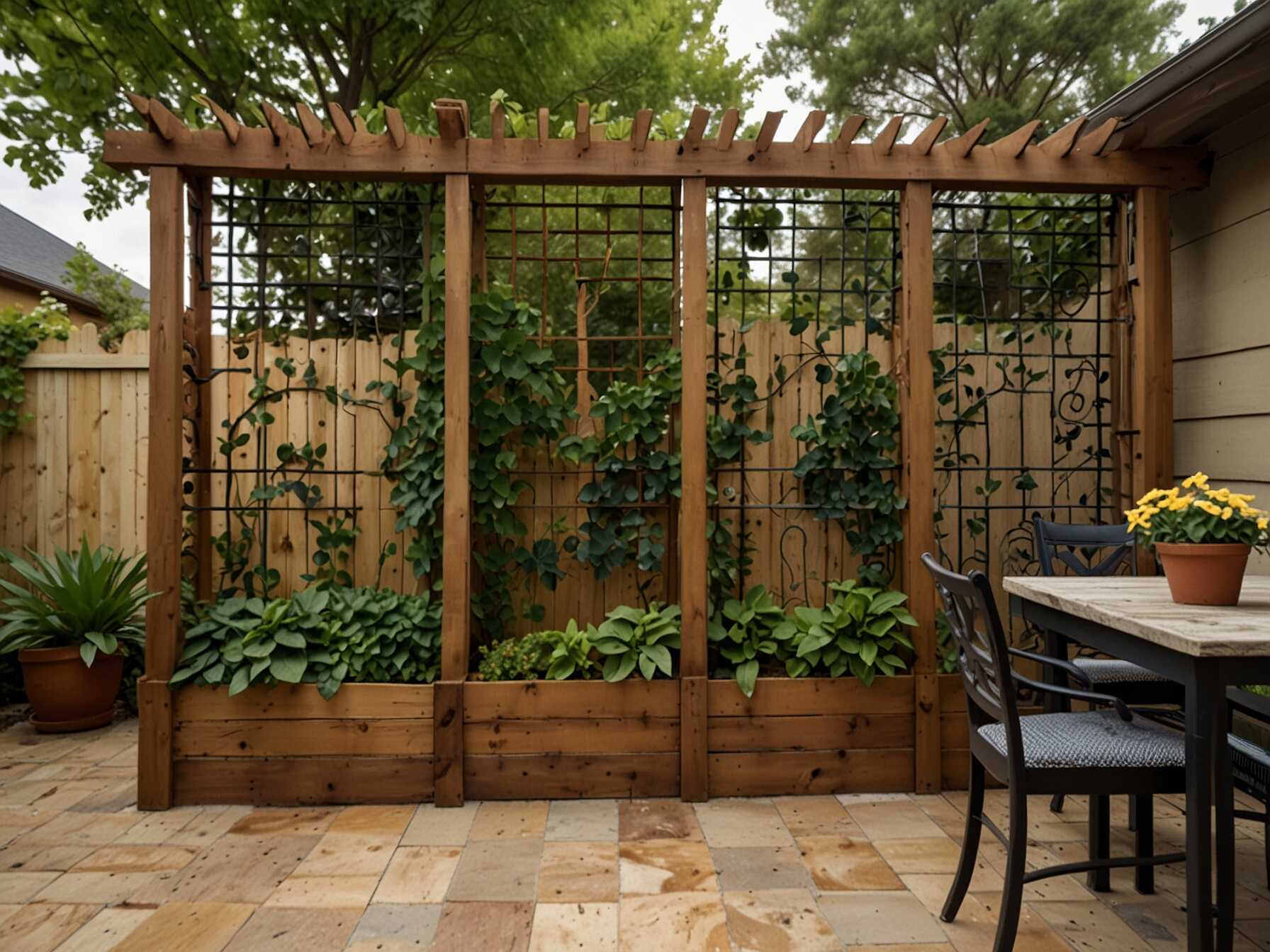 Trellises add height and interest to your patio. They support climbing plants like ivy or roses. This brings more greenery to vertical spaces.  Choose trellises that match your style. Wooden ones give a rustic feel, while metal ones look modern. They also act as natural privacy screens.  Place trellises along the walls. Secure them properly for plant support. Trellises make your patio walls look lush and elegant.  