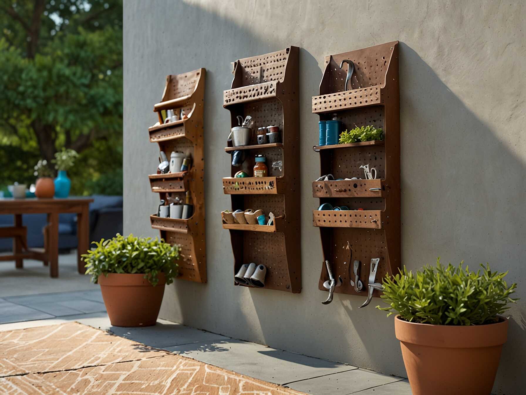 Vertical storage utilizes wall space efficiently. Hooks and pegboards hold tools, towels, or hats. This keeps everything within reach.  Choose sturdy materials for outdoor use. Metal and wood are good options. They hold up well in various weather conditions.  Organize your items neatly. This makes the patio look clean and spacious. Vertical storage can make even a tiny patio functional.  