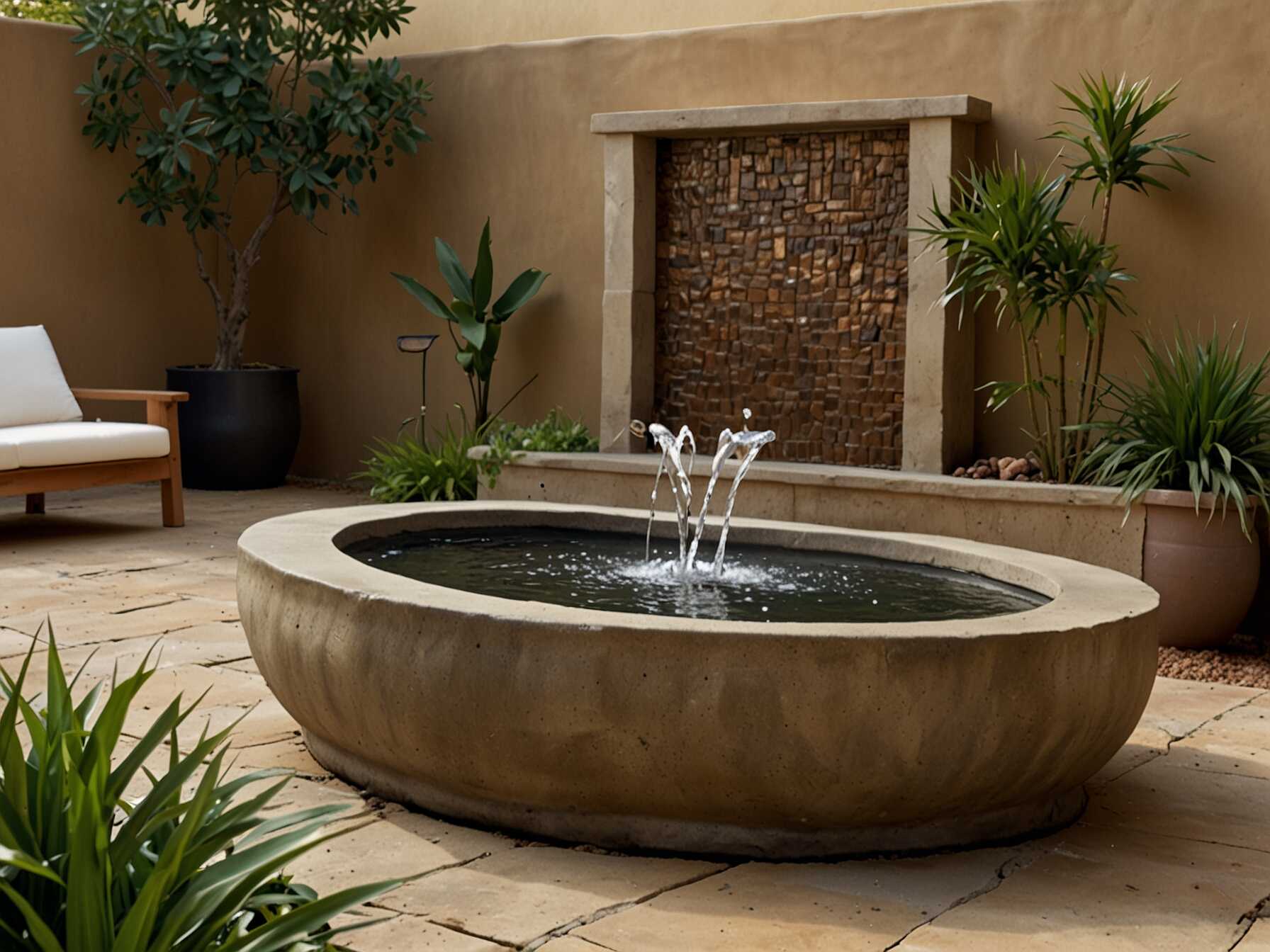 Wall fountains create a peaceful ambiance. The sound of flowing water relaxes you. They also add a touch of luxury to the patio.  Choose a fountain that fits your space. Small ones work well for tiny patios. Make sure the fountain has a good water source.  Position the fountain in a central spot. This makes it a focal point. Wall fountains transform your patio into a serene oasis.  