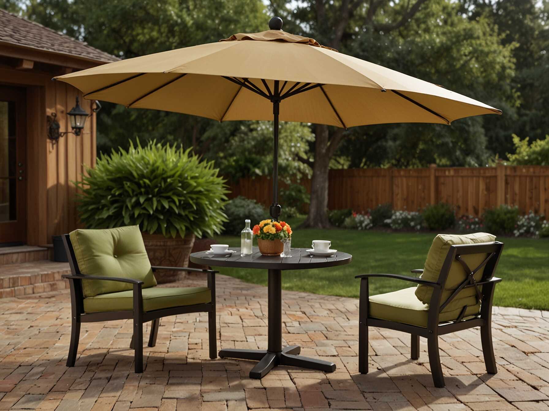 You can place the umbrella in the center of a table. Some come with stands, so you can place them anywhere. They make your patio more comfortable and usable. Adjustable umbrellas let you control the amount of shade. This is perfect for hot summer days. Your patio will be a cool and relaxing spot with this easy addition.