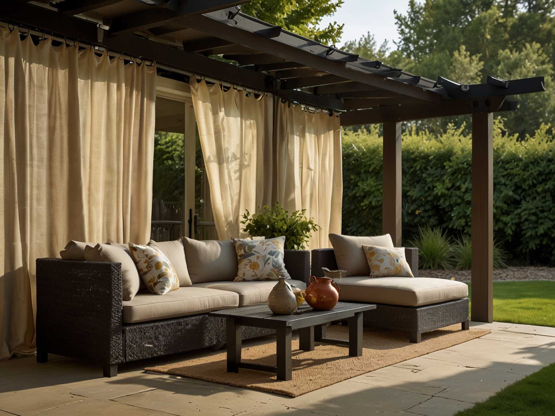 Hang the curtains from rods or wires. You can open or close them as needed. They also provide some shade and can block wind. Curtains come in many colors and patterns. Pick ones that fit your patio's look. Your patio will feel like a private oasis with this addition.