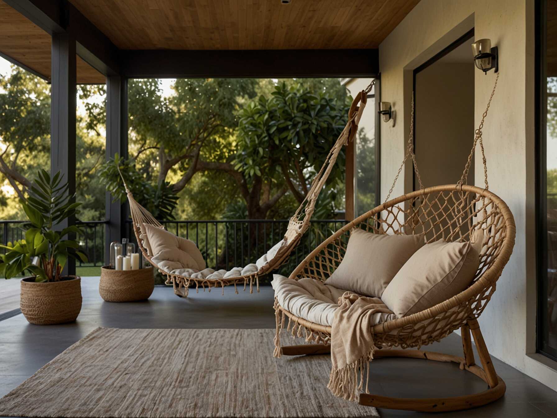 Hammocks give a cozy, laid-back vibe. Hanging chairs add a stylish and comfortable seating option. Pick ones that fit your space and decor. Swinging gently in a hammock or chair makes you feel relaxed. It's a great spot to read, nap, or enjoy fresh air. Your balcony becomes a peaceful oasis.