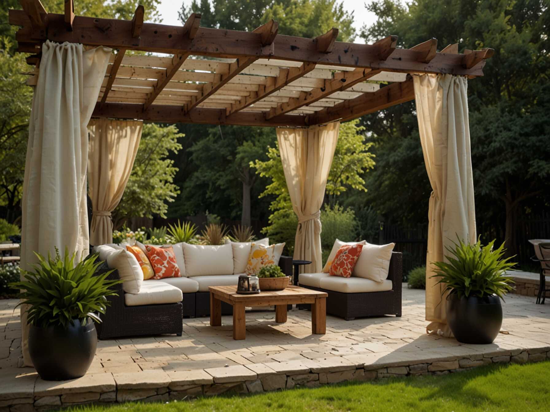 Consider pergolas or gazebos. They add a stylish and functional touch. Use light fabrics for a breezy feel. This keeps the area cool and pleasant.