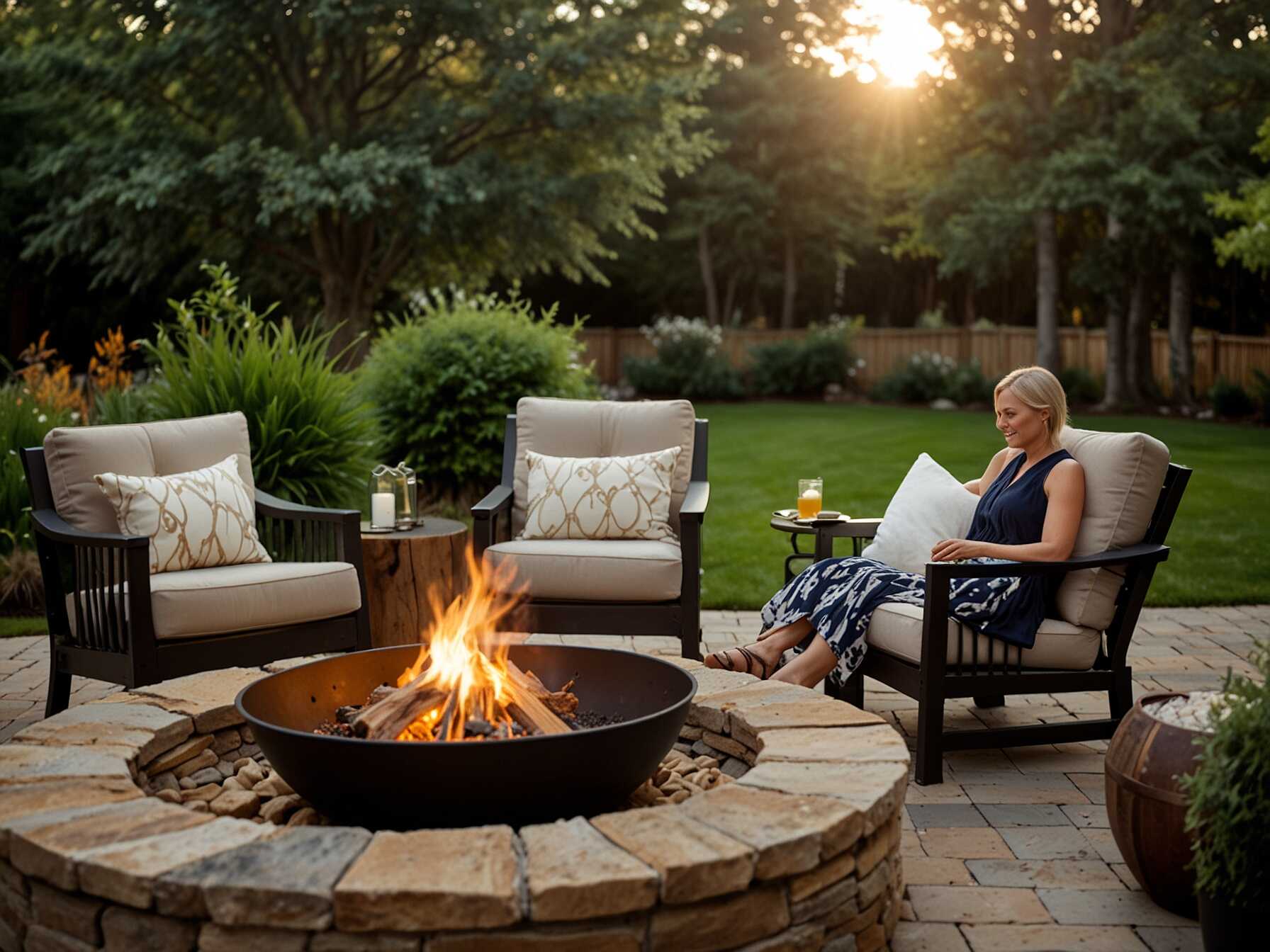 Choose chairs that are both comfortable and durable. Add some throw blankets for chilly evenings. You can also use large cushions or poufs for extra seating. A fire pit makes your patio usable year-round. It is perfect for roasting marshmallows or just enjoying the fire. This makes your outdoor space more inviting.