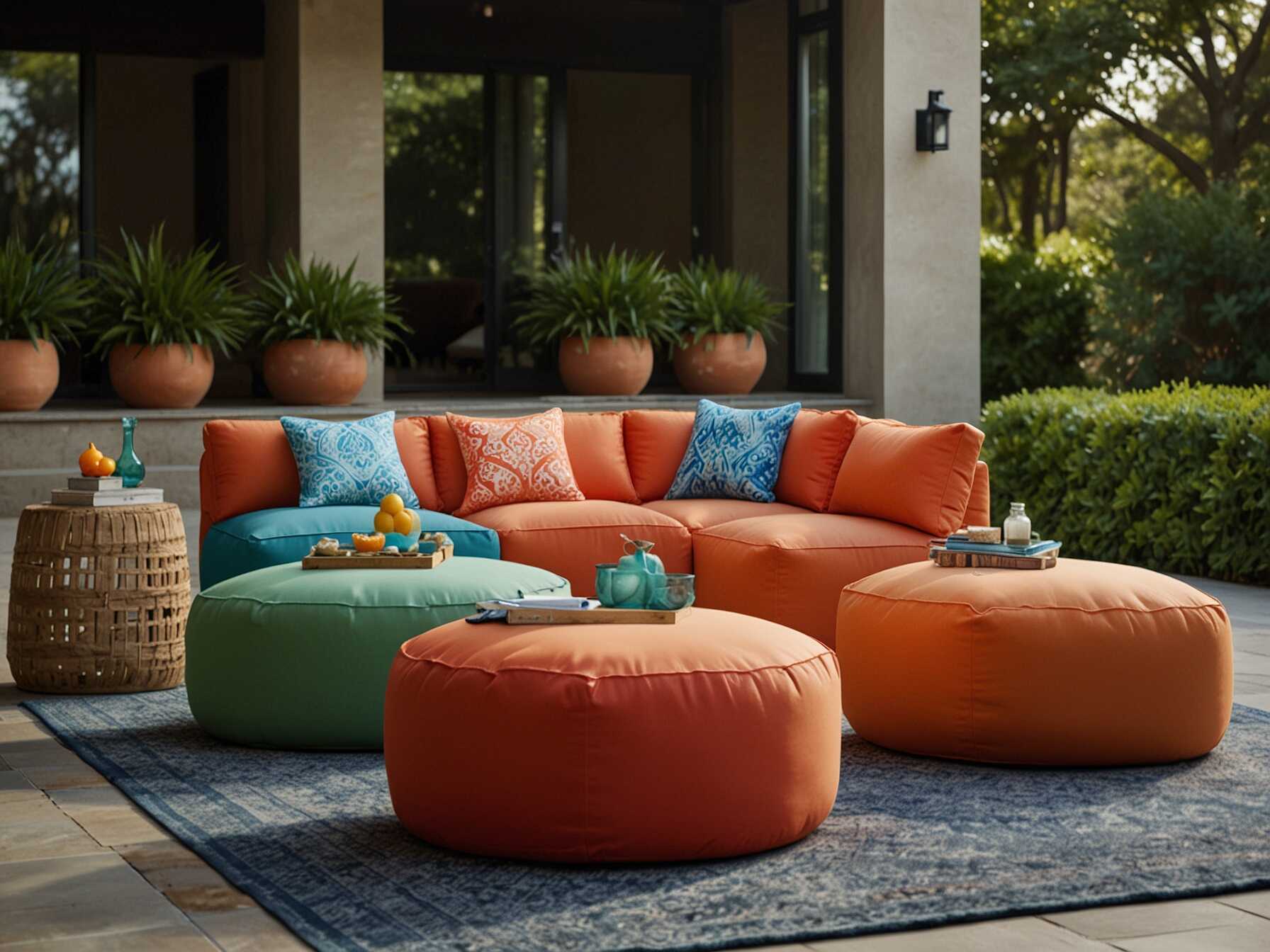 Choose waterproof or easy-to-clean materials. This makes them perfect for outdoor use. Colorful poufs can add a fun touch to your patio. Arrange them around a low table for a relaxed vibe. This setup welcomes people to gather and chat. Poufs and ottomans make your patio more versatile.