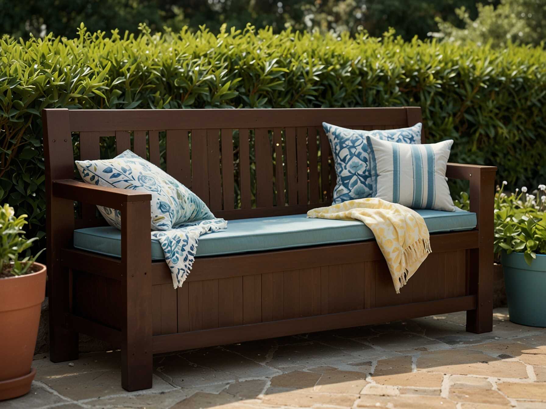 Look for a bench with a hinged lid. This way, you can store cushions, toys, or gardening tools inside. Choose materials that can withstand outdoor weather. Place the bench along a wall to save space. Add some cushions on top for comfort. This simple addition keeps your patio tidy and functional.