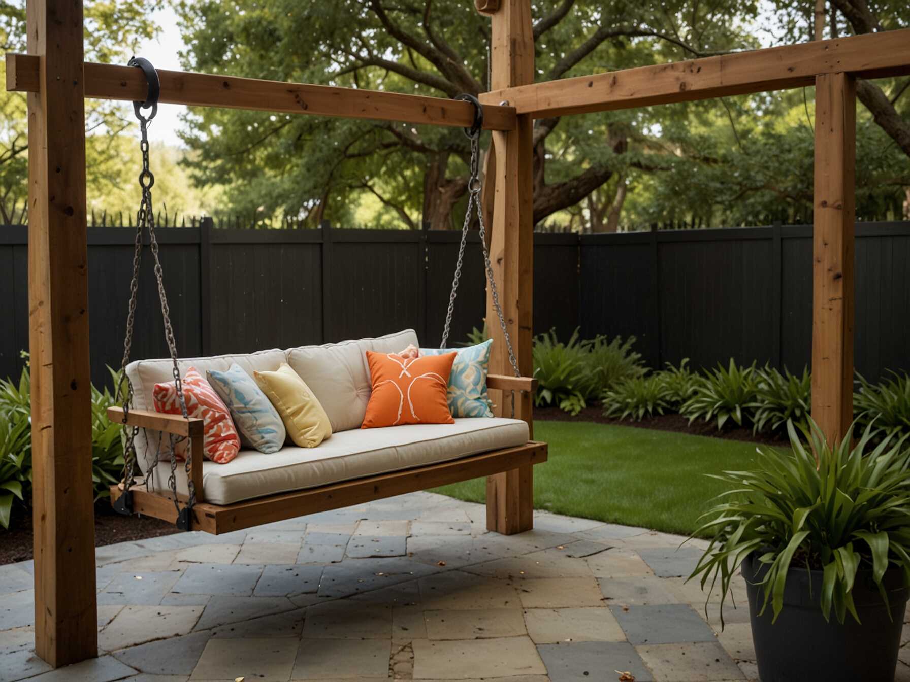 Choose a sturdy swing with comfortable seating. You can add cushions for extra comfort. Make sure the swing is in a safe spot with enough clearance. A swing can make your patio a fun place to relax. It adds movement and a sense of whimsy. This makes your outdoor space more enjoyable.