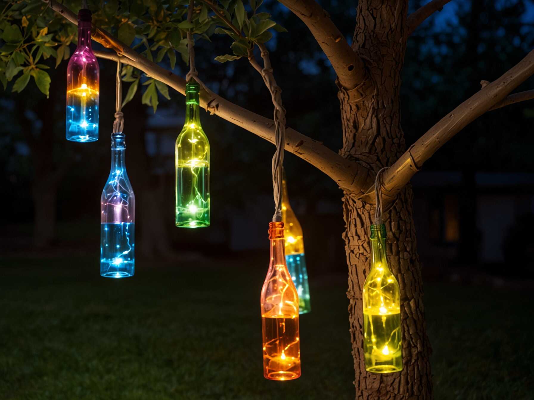 Bottle lights are a cool DIY project. Recycle old wine bottles by inserting string lights inside. Hang the bottles from tree branches. They create a colorful and enchanting display. You can even use different colored bottles. This adds more variety and visual appeal.