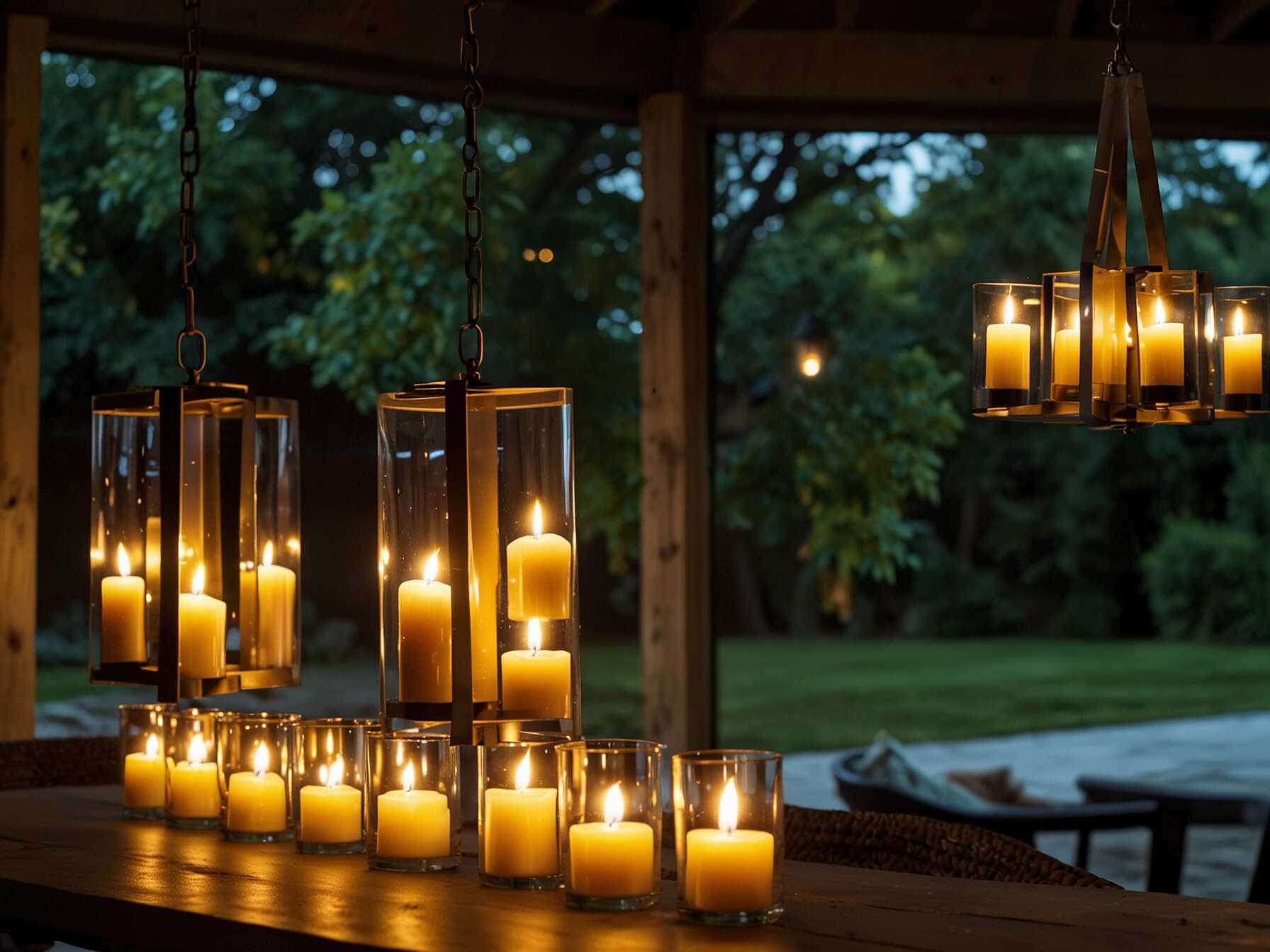 A candle chandelier adds a touch of elegance. Choose a weather-resistant design for outdoor use. Hang it over a dining table or lounging area. The candles will cast a warm, flickering light. Use LED candles for safety. They give the same cozy effect without the fire risk.