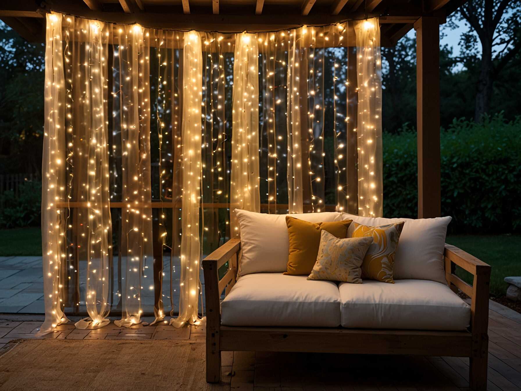 Curtain lights create a wall of sparkling light. Hang them from the edge of your patio roof. They also work well draped behind an outdoor seating area. This sets a magical mood. Choose white or multi-colored lights. They will create a festive or elegant feel.