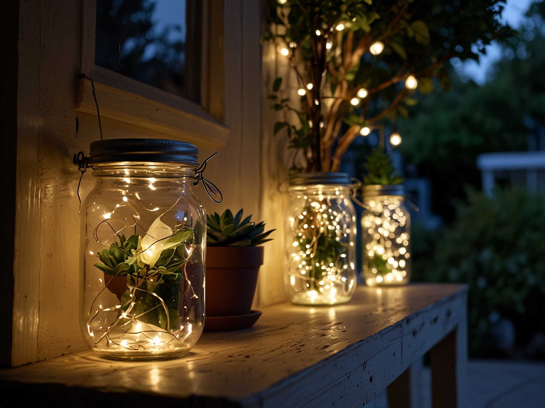 Put fairy lights inside glass jars. It is an easy and cute way to decorate your patio. Hang the jars from a fence or garden hook. This makes the whole space glow softly. These lights are also simple to move around. They can double as table centerpieces too.