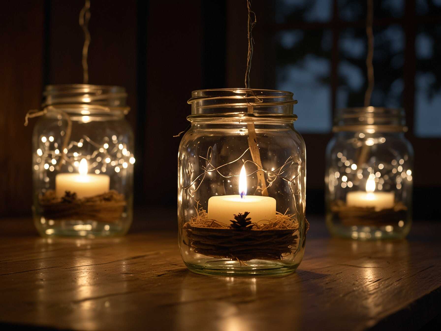 Mason jar lights bring a rustic touch. Fill jars with fairy lights or small candles for a cozy glow. Hang them from hooks or tree branches. You can use twine or wire for a more rustic feel. Mason jars are also budget-friendly. Recycle old jars for an eco-friendly option.