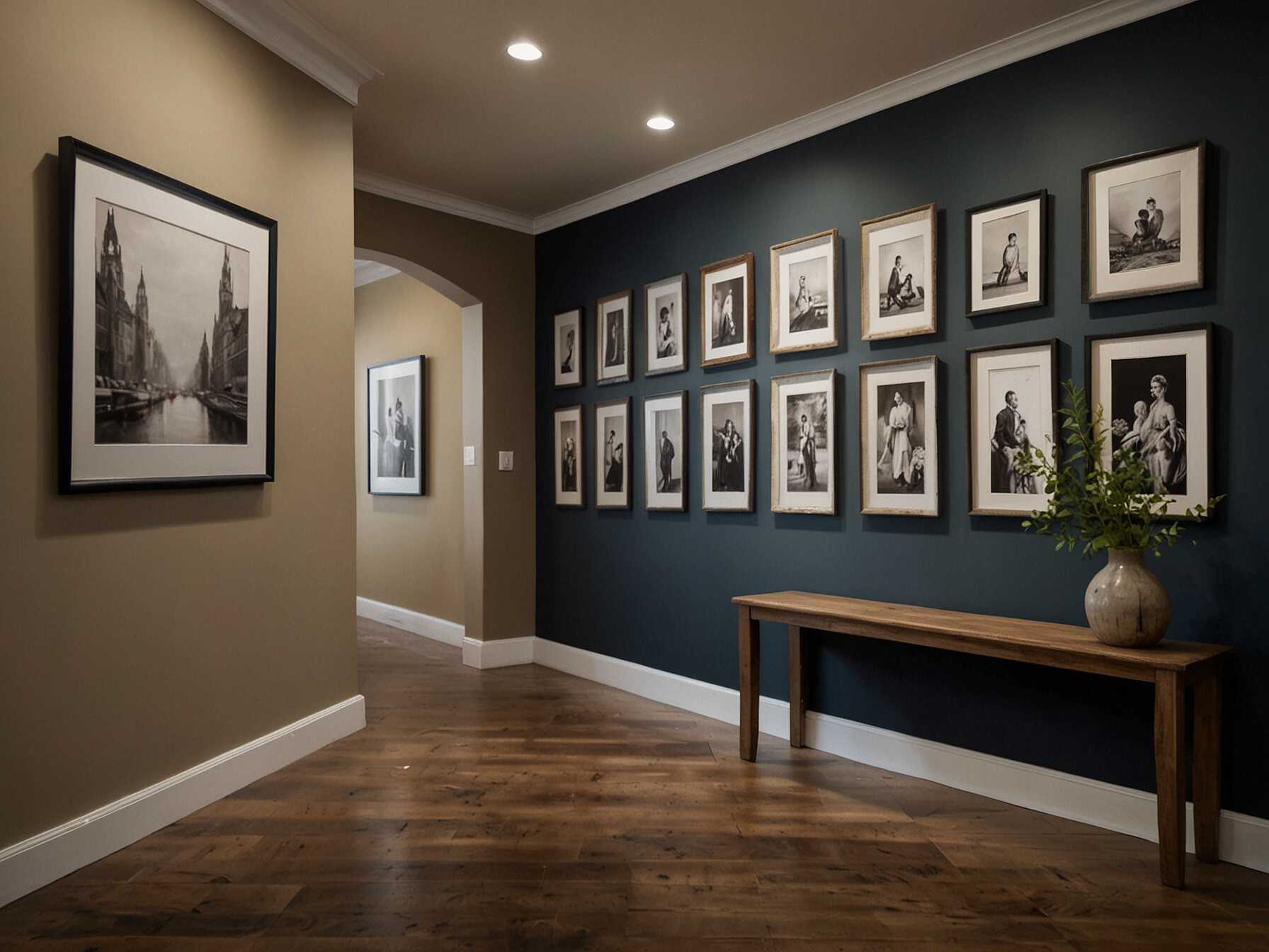  Showcase your favorite artworks in the foyer. Arrange a gallery wall with framed paintings or photos. This adds personality to the entrance and gives guests something interesting to look at.  