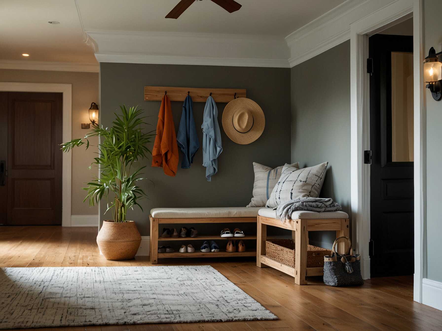  A bench or seating area in the foyer is both practical and inviting. It gives guests a place to sit while taking off shoes. Choose one with storage underneath for added functionality.  