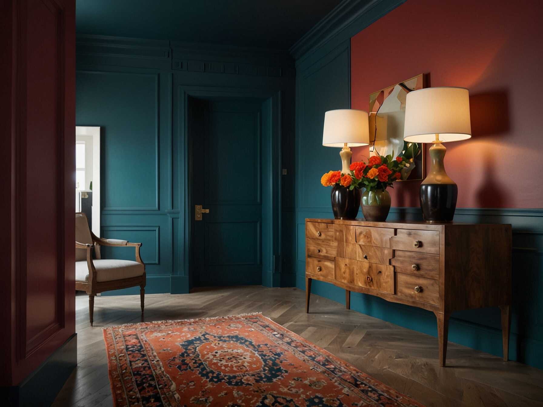  Dont be afraid to use bold colors in your foyer. A vibrant wall color or a colorful piece of furniture can make a big impact. Just balance it with neutral tones to keep the space inviting.  