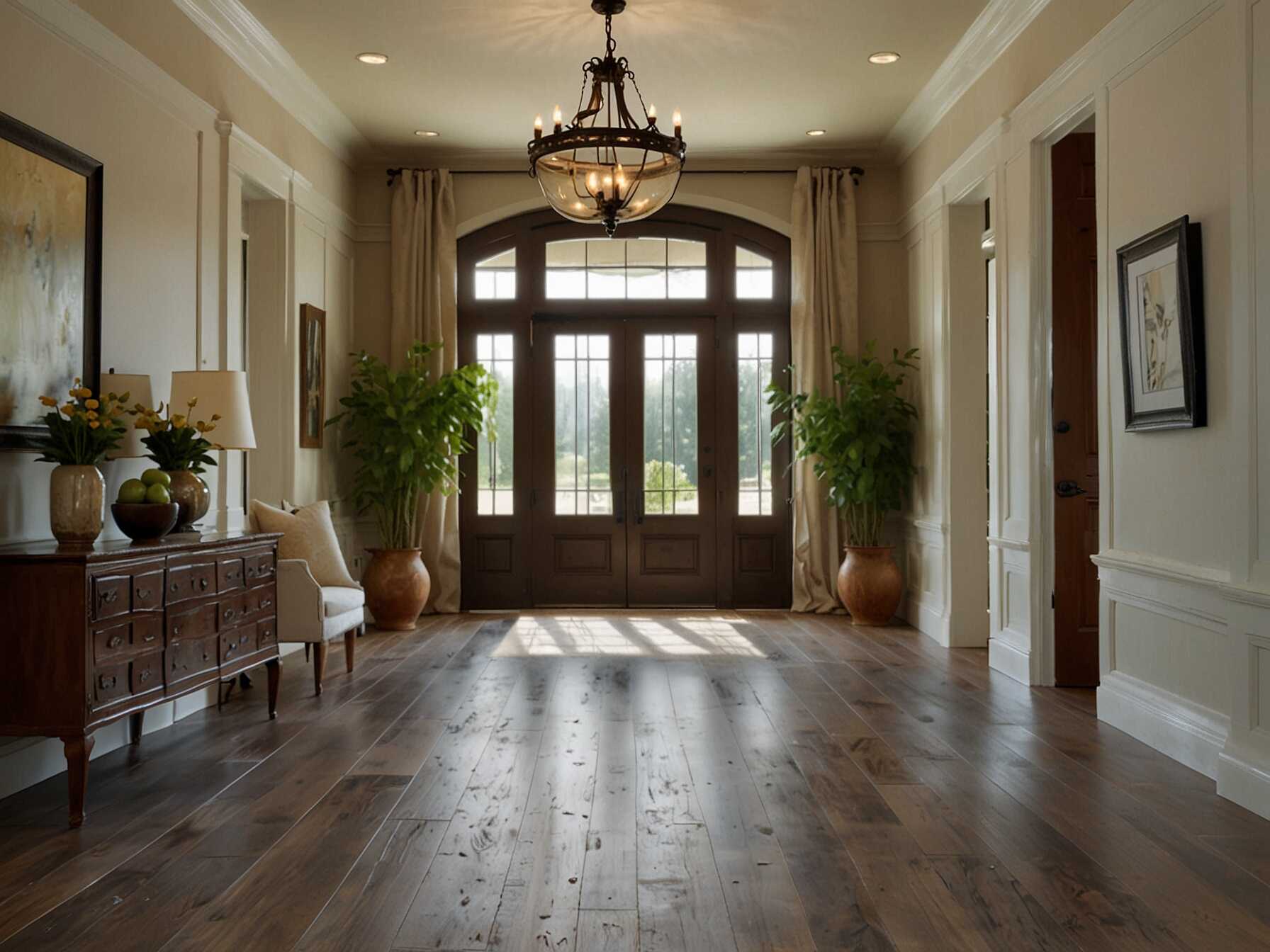  Natural light can make your foyer feel welcoming and spacious. Use large windows or a glass door to let the sunlight in. For extra brightness, paint the walls in light colors and choose light-colored flooring.  