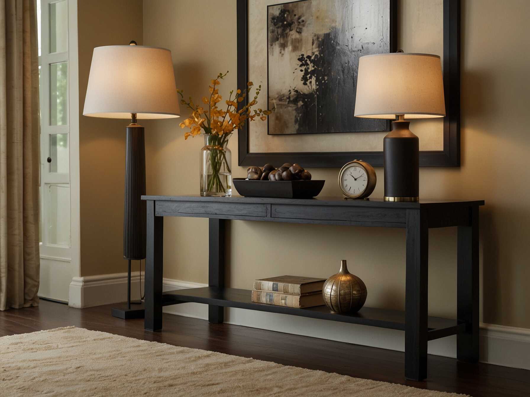  A console table can be the focal point of your foyer. Decorate it with a lamp, a vase of flowers, or a bowl for keys and mail. Choose a design that complements your homes style.  