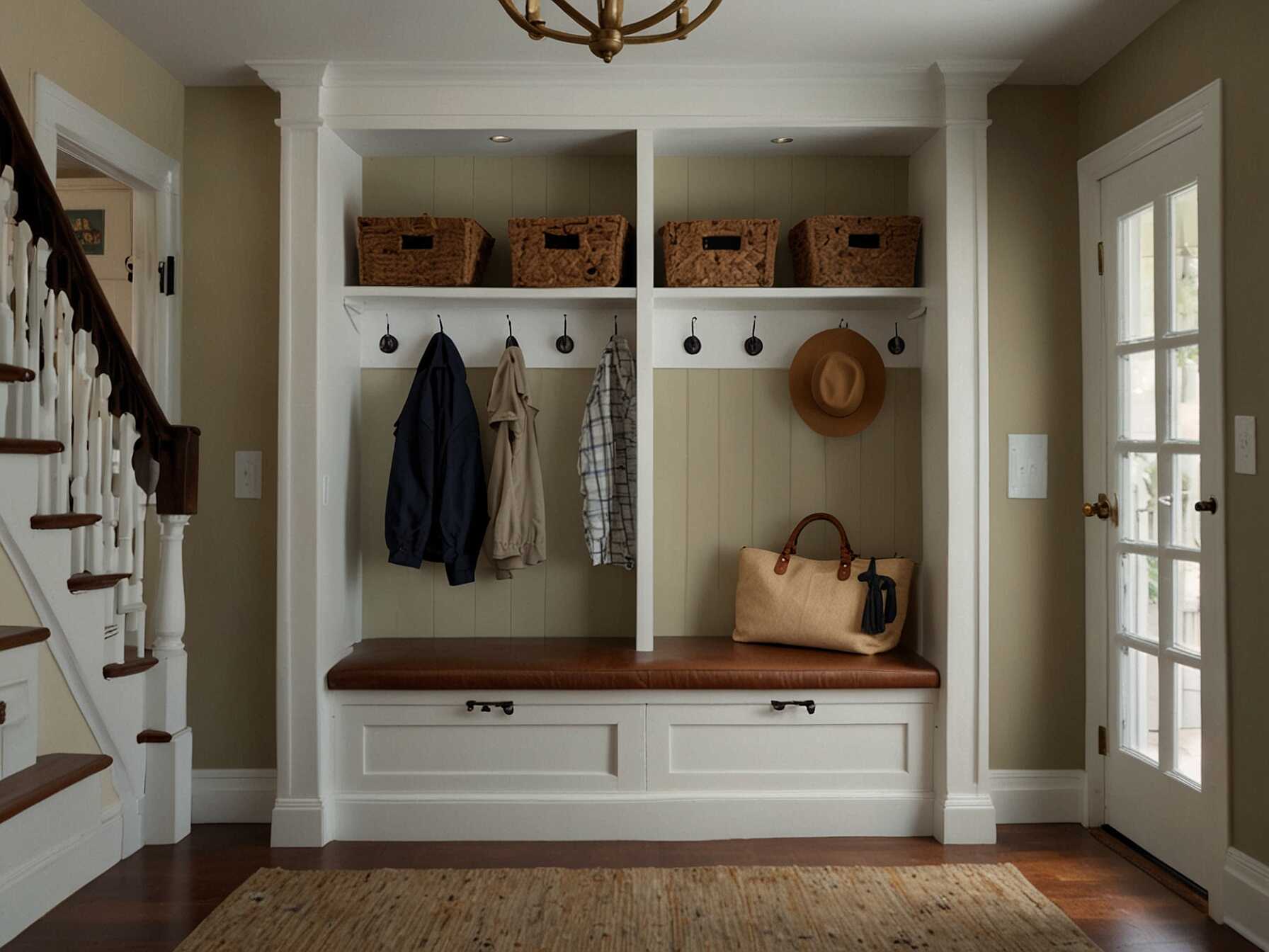  Built-in storage can make your foyer very functional. Consider built-in cabinets, shelves, or benches to maximize space. It keeps everything organized and out of sight.  