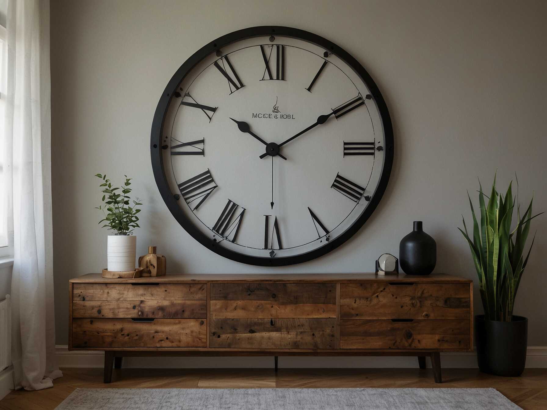  A large wall clock can be both functional and decorative. Choose one in a style that suits your home. Its a practical piece that also adds interest to the space.  