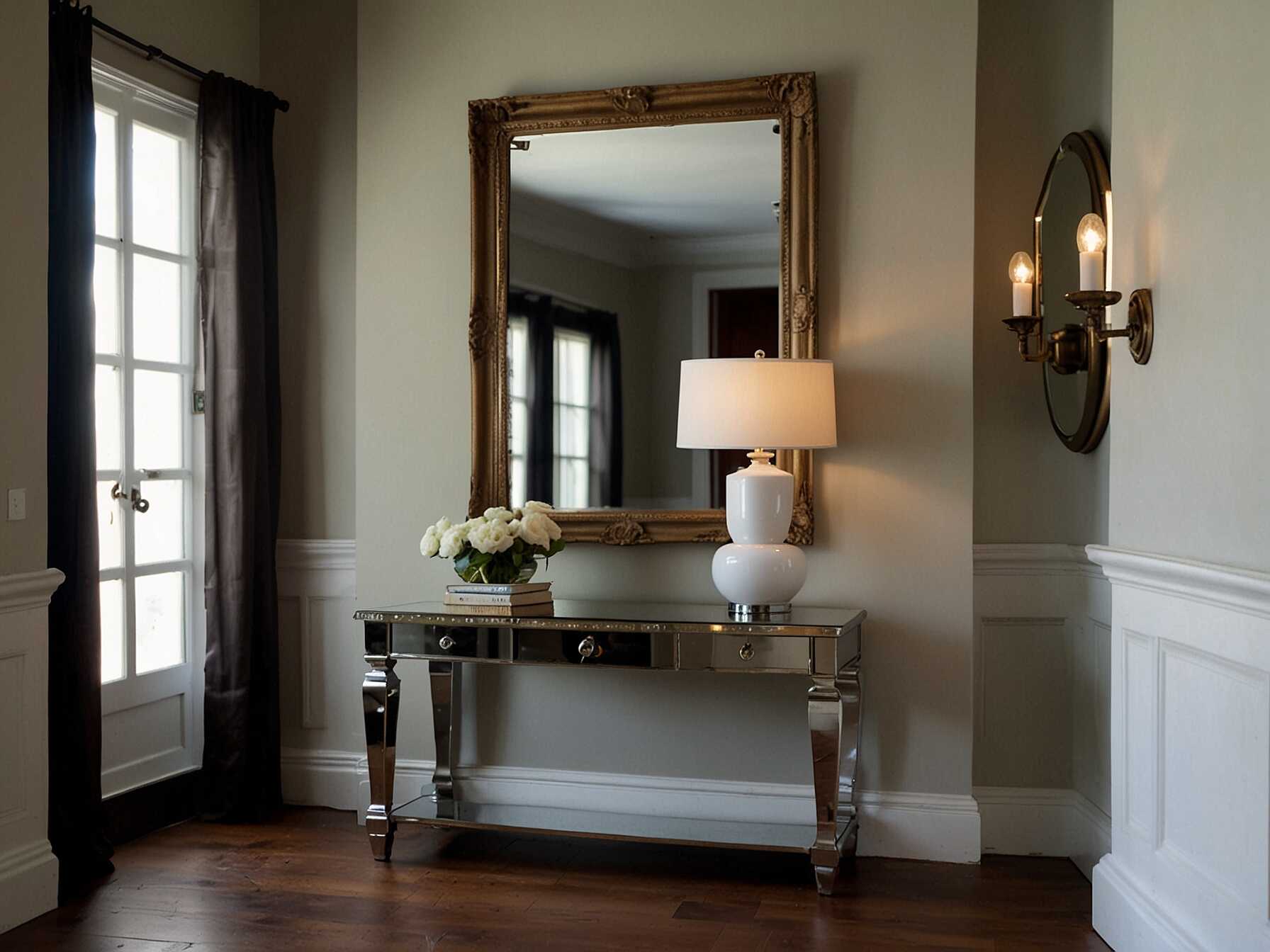  Mirrors can make a small foyer look bigger and brighter. Hang a large mirror opposite a window to reflect light. Decorative mirrors also add style and elegance.  