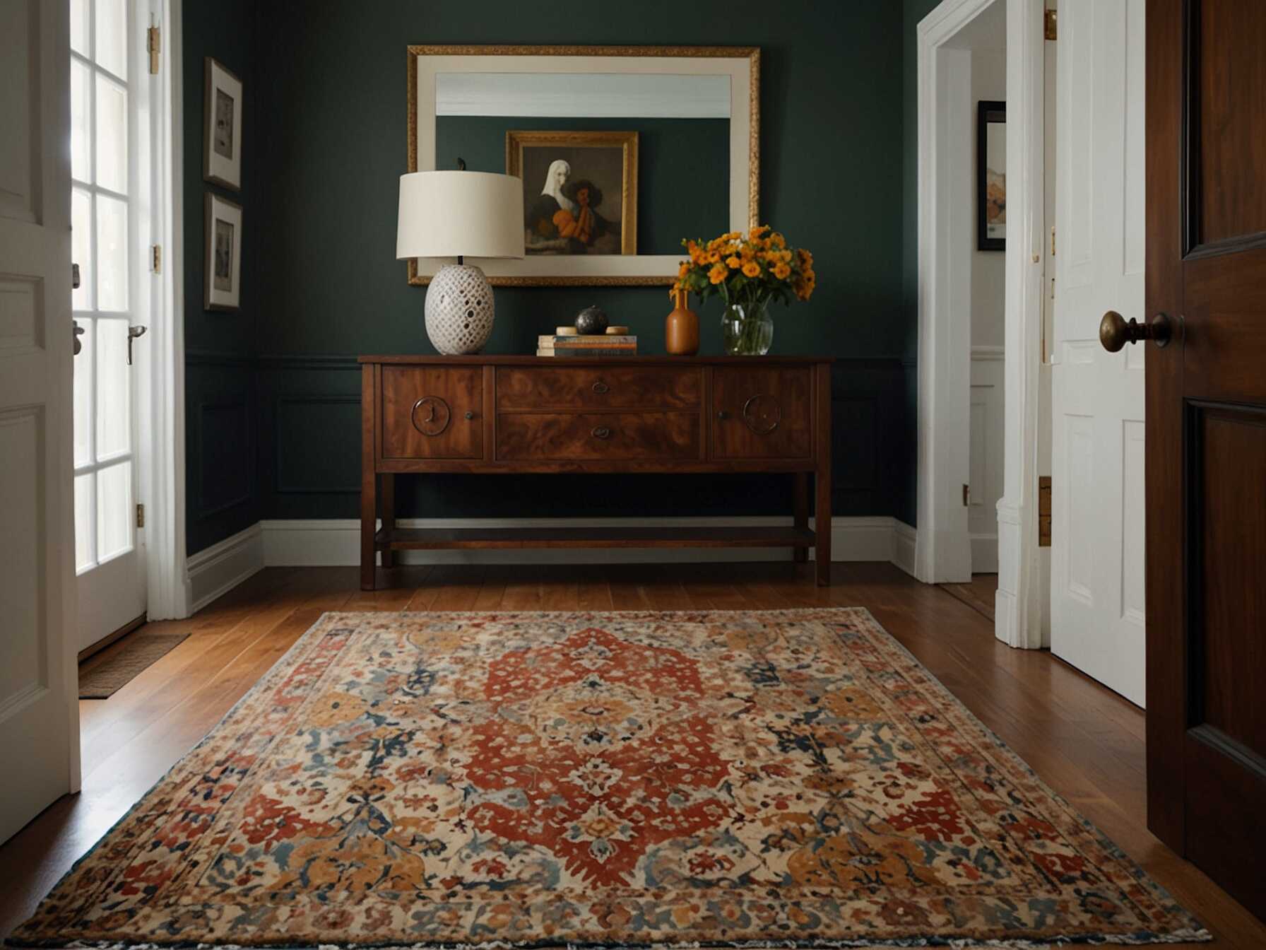  A rug can bring warmth and texture to your foyer. Choose a rug that complements your decor and is durable enough for high-traffic areas. A patterned rug can also hide dirt and stains.  