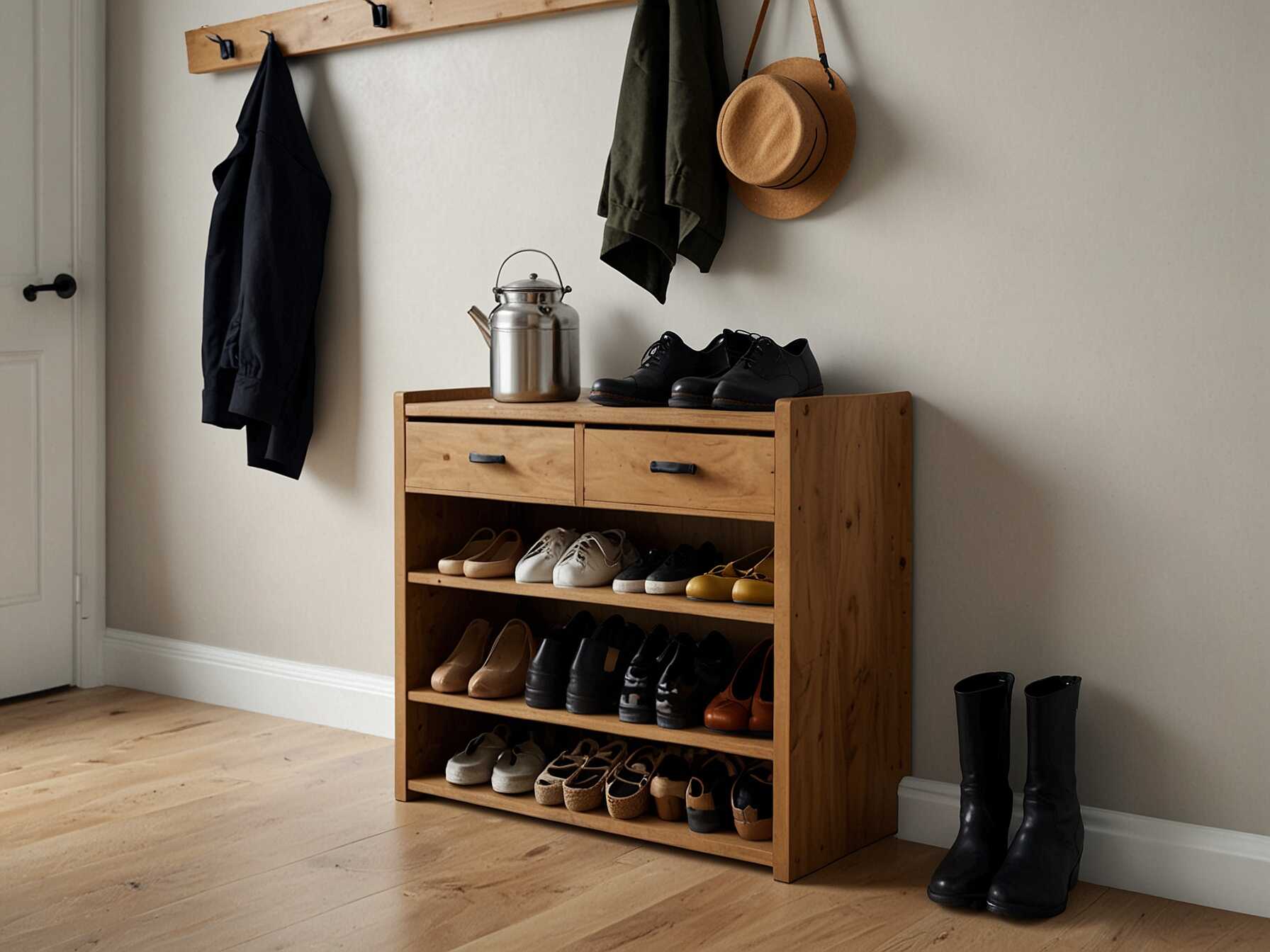  Keep your foyer neat with stylish shoe storage. Choose a shoe rack that fits your space and matches your decor. Closed storage options can keep the area looking tidy.  