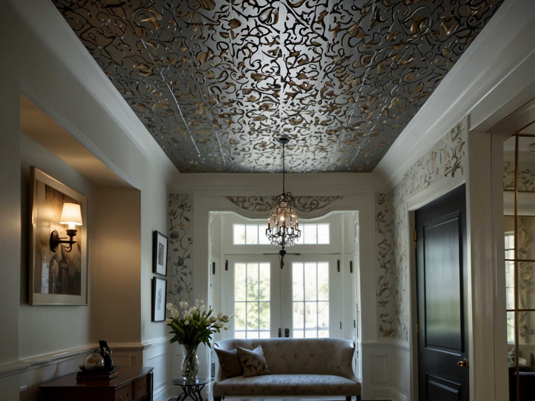  For an unexpected touch, consider wallpapering the ceiling of your foyer. Choose a subtle pattern for a classy look or something bold for more drama. It adds a unique element guests won’t forget.  