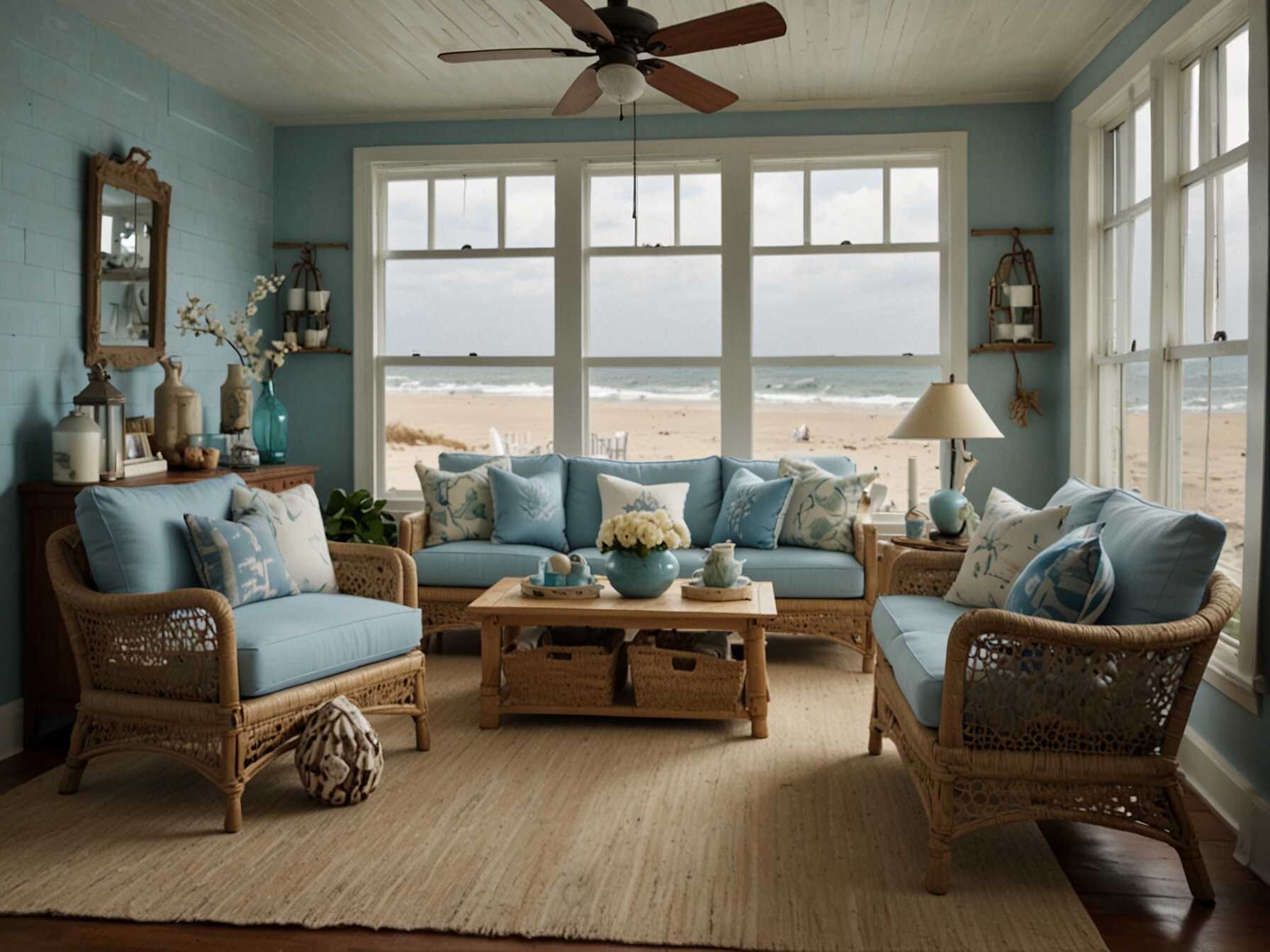  Bring the beach to your sunroom with coastal decor and colors. Use light blue and sandy tones, and add some nautical elements like seashells and driftwood. Use comfortable furniture to create a relaxing beachy feel.  