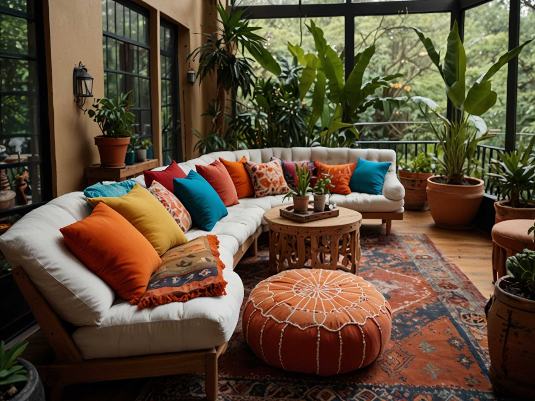  Design a whimsical bohemian sunroom with eclectic furniture and vibrant textiles. Use Moroccan rugs, poufs, and lots of cushions. Add a variety of indoor plants to complete the boho look.  