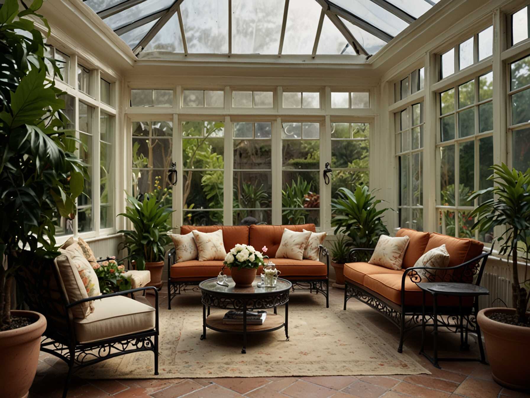  Create a timeless look with a classic conservatory-style sunroom. Use elegant furniture, such as a wrought-iron table and chairs. Add some potted plants and vintage accessories for an elegant touch.  