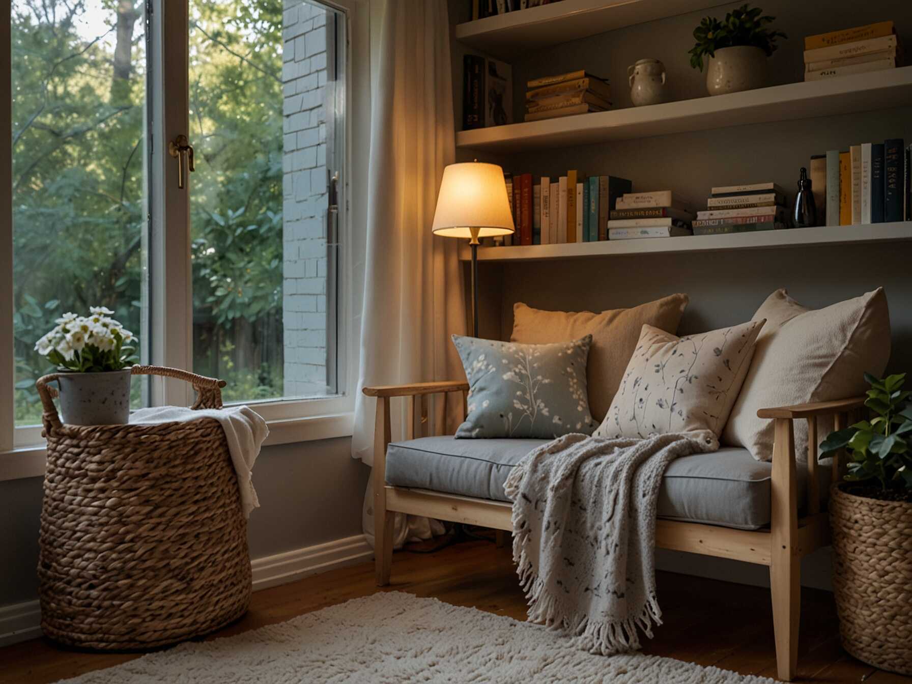  Create a peaceful reading nook in your sunroom. Use a comfy chair or a small sofa and add lots of soft pillows and a warm throw. A small bookshelf and a reading lamp will complete this cozy hideaway.  