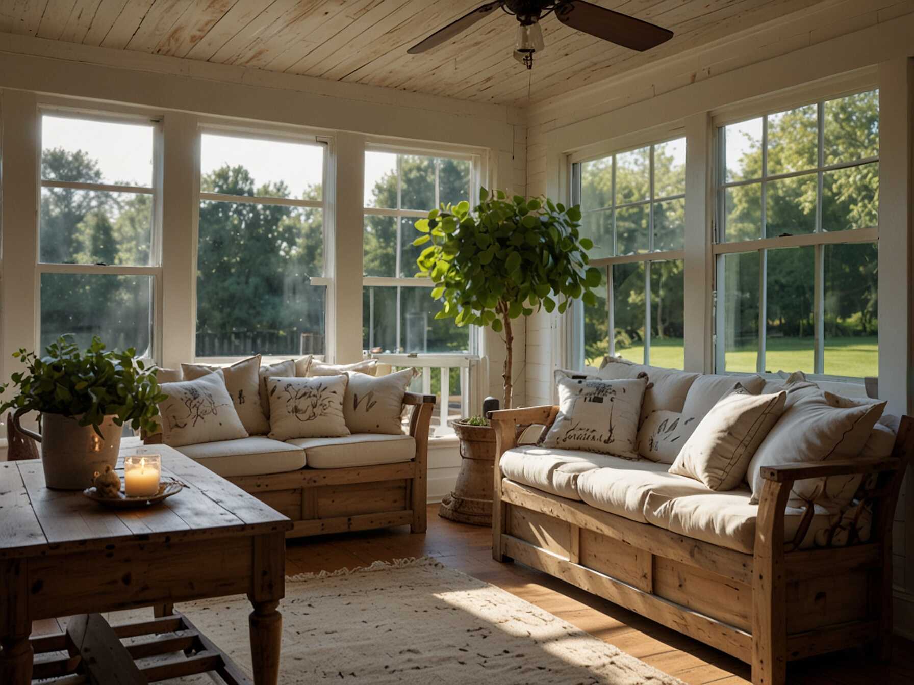  Give your sunroom a farmhouse feel with rustic furniture, such as a wooden bench and a large farmhouse table. Use light colors and add some cozy textiles and country-style decor to create a warm, homey atmosphere.  