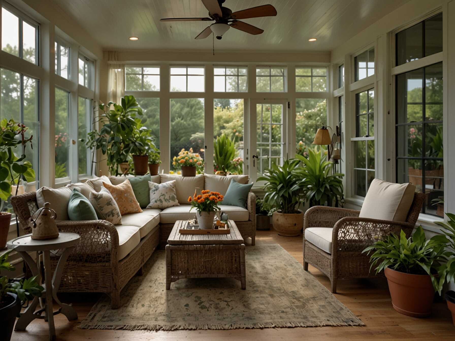  Create a garden-like atmosphere in your sunroom with lots of plants and flowers. Use gardening tools and containers as decor elements. This design will make you feel connected to nature anytime.  