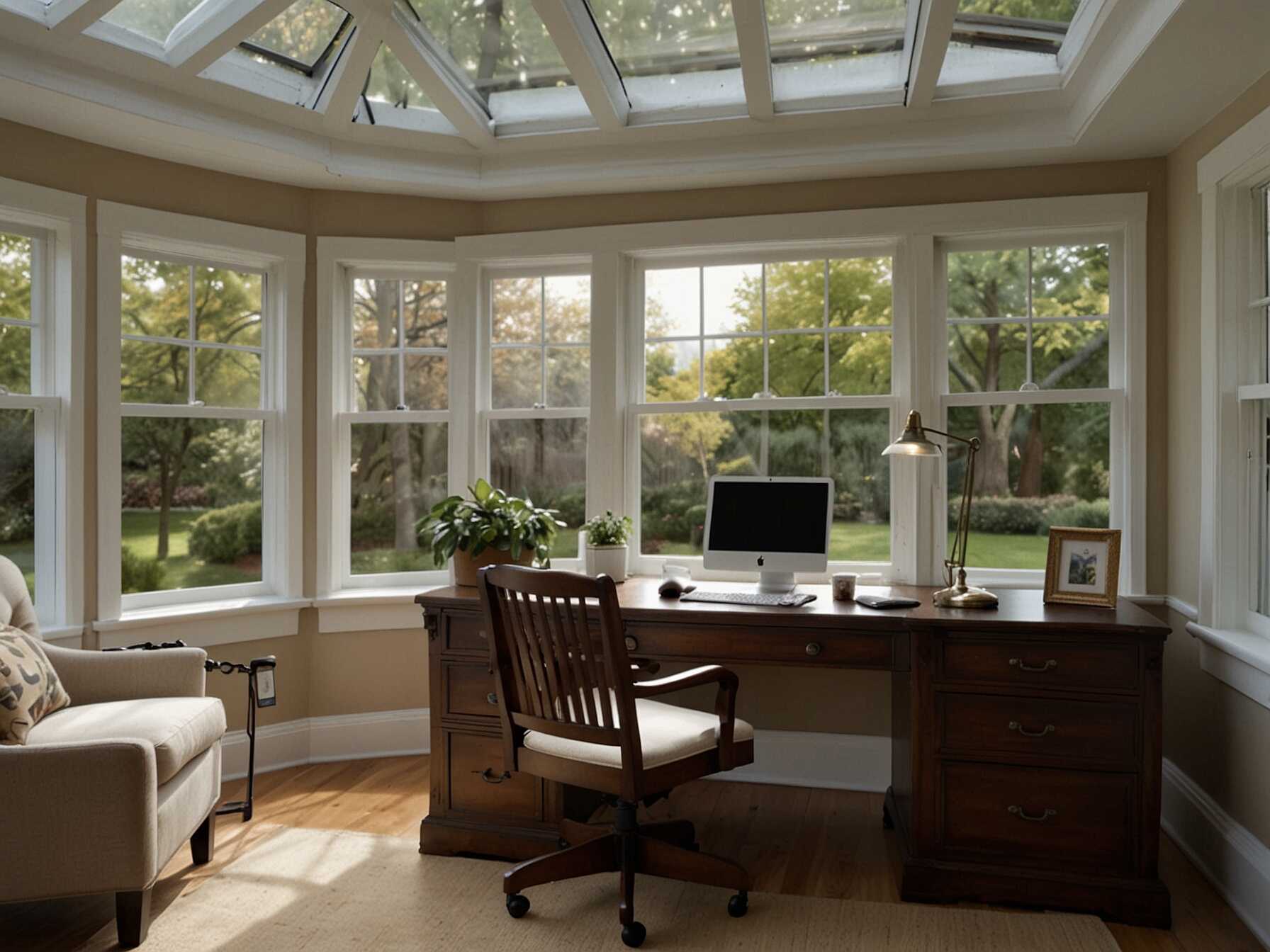  Combine work and relaxation with a home office sunroom. Use a comfortable desk and chair, and add storage for office supplies. Enjoy the natural light while you work in a serene environment.  