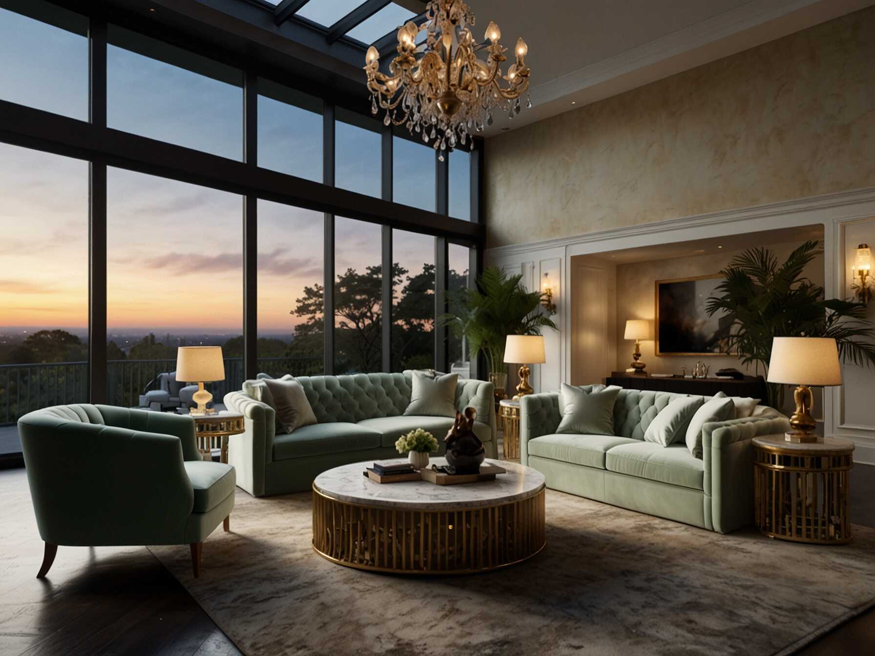  Indulge in luxury with a plush, opulent sunroom. Use high-end furniture, such as a velvet sofa and a marble coffee table. Add elegant lighting, like a chandelier, to make the space feel even more glamorous.  