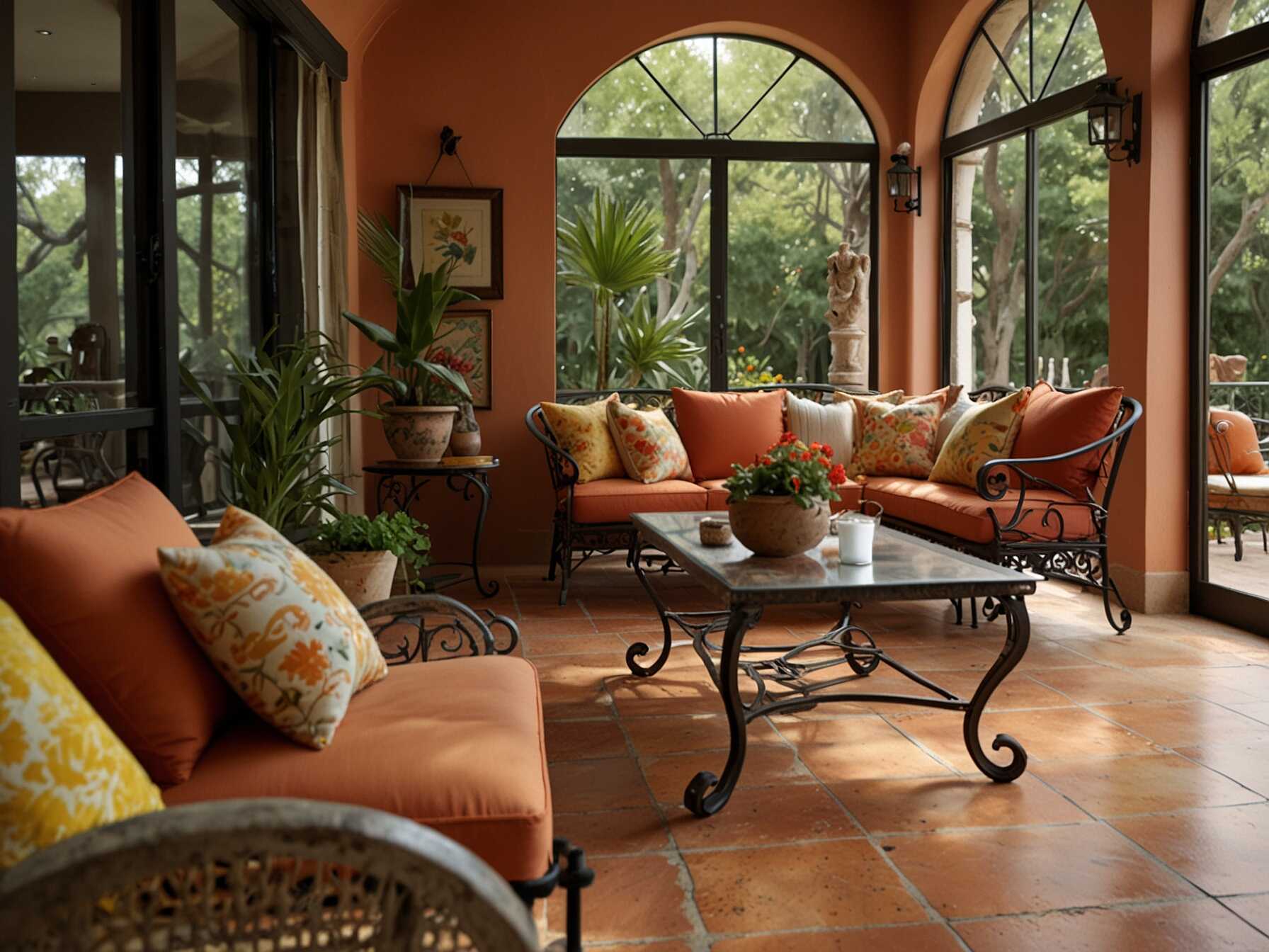  Create a Mediterranean escape with bright, warm colors and textured materials. Use terracotta tiles, wrought iron furniture, and colorful cushions. This sunroom design will make you feel like youre in a sunny coastal town.  