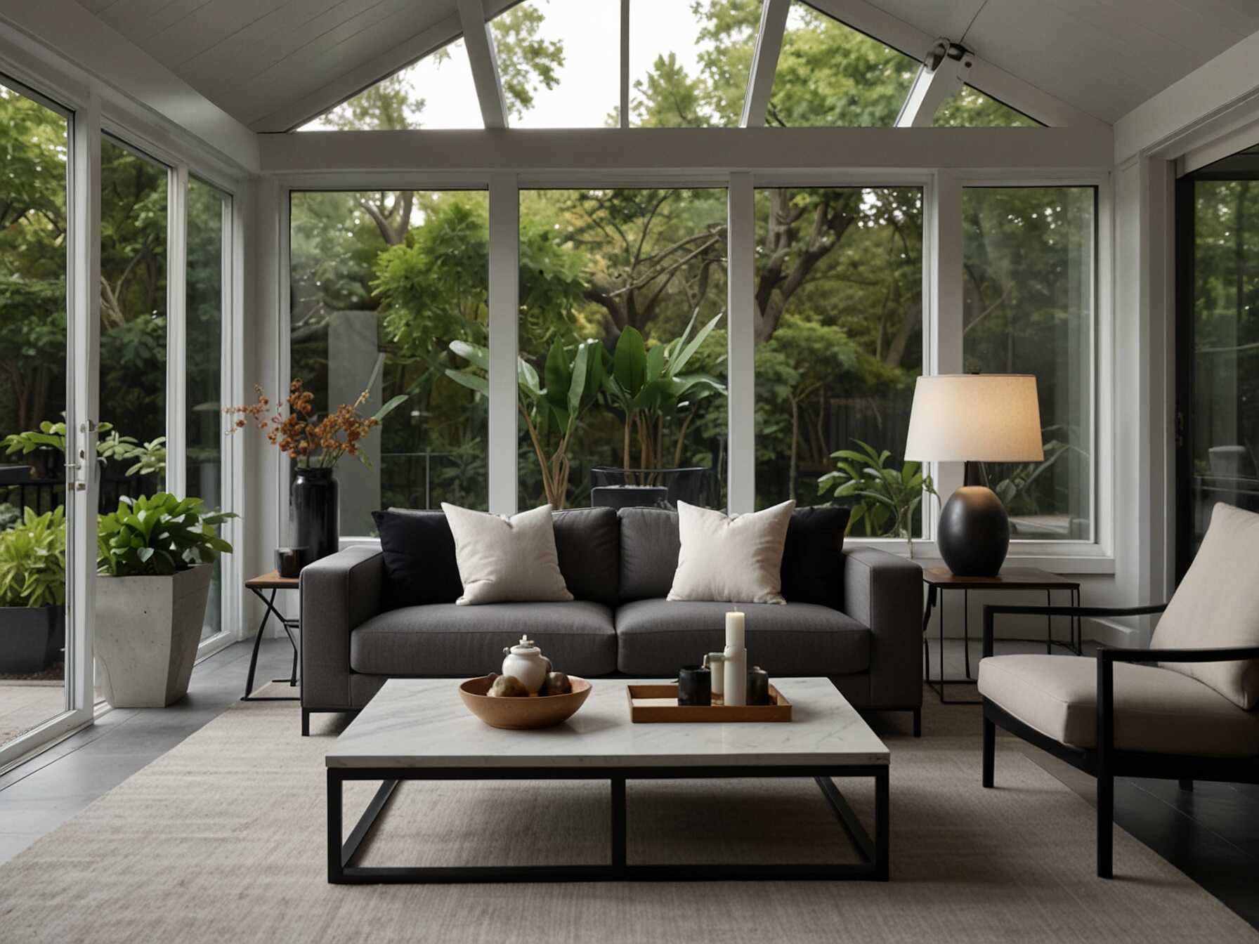  Create a sleek and stylish sunroom with minimalistic furniture and clean lines. Use neutral colors like white, gray, and black to keep the space open and bright. Add simple, modern furniture, like a comfy sofa and a small coffee table, to complete the look.  