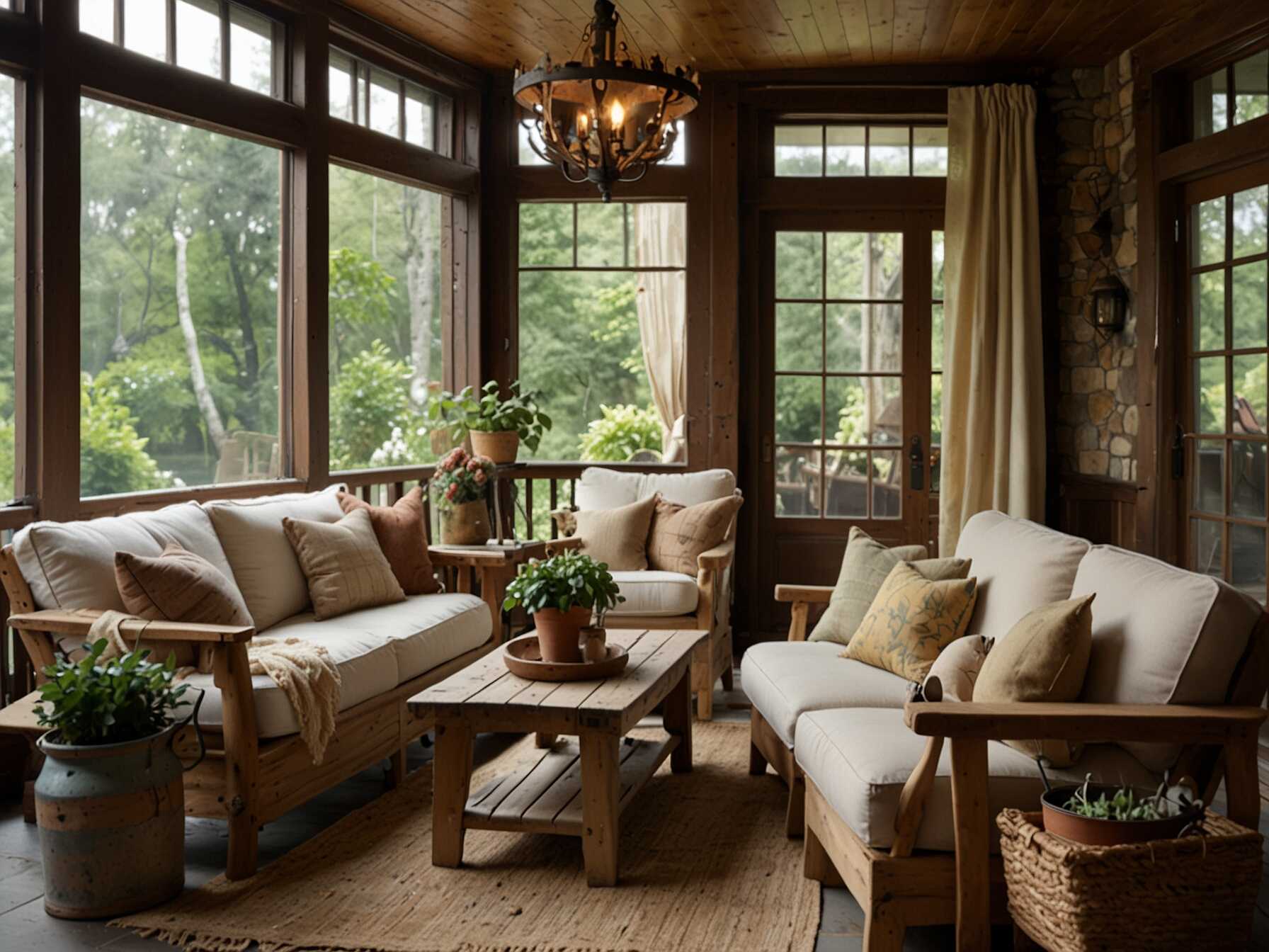  Transform your sunroom into a cozy rustic retreat. Use natural materials like wood and stone to create a warm, welcoming space. Add a mix of vintage furniture and light, airy curtains to bring a touch of country charm.  