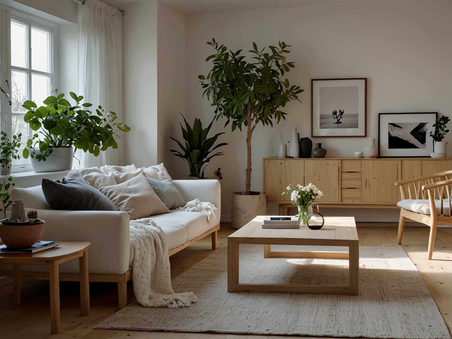  Bring in the simplicity and functionality of Scandinavian design. Use light wood furniture, soft textiles, and a lot of white. Add a few green plants for a touch of nature and relaxing atmosphere.  