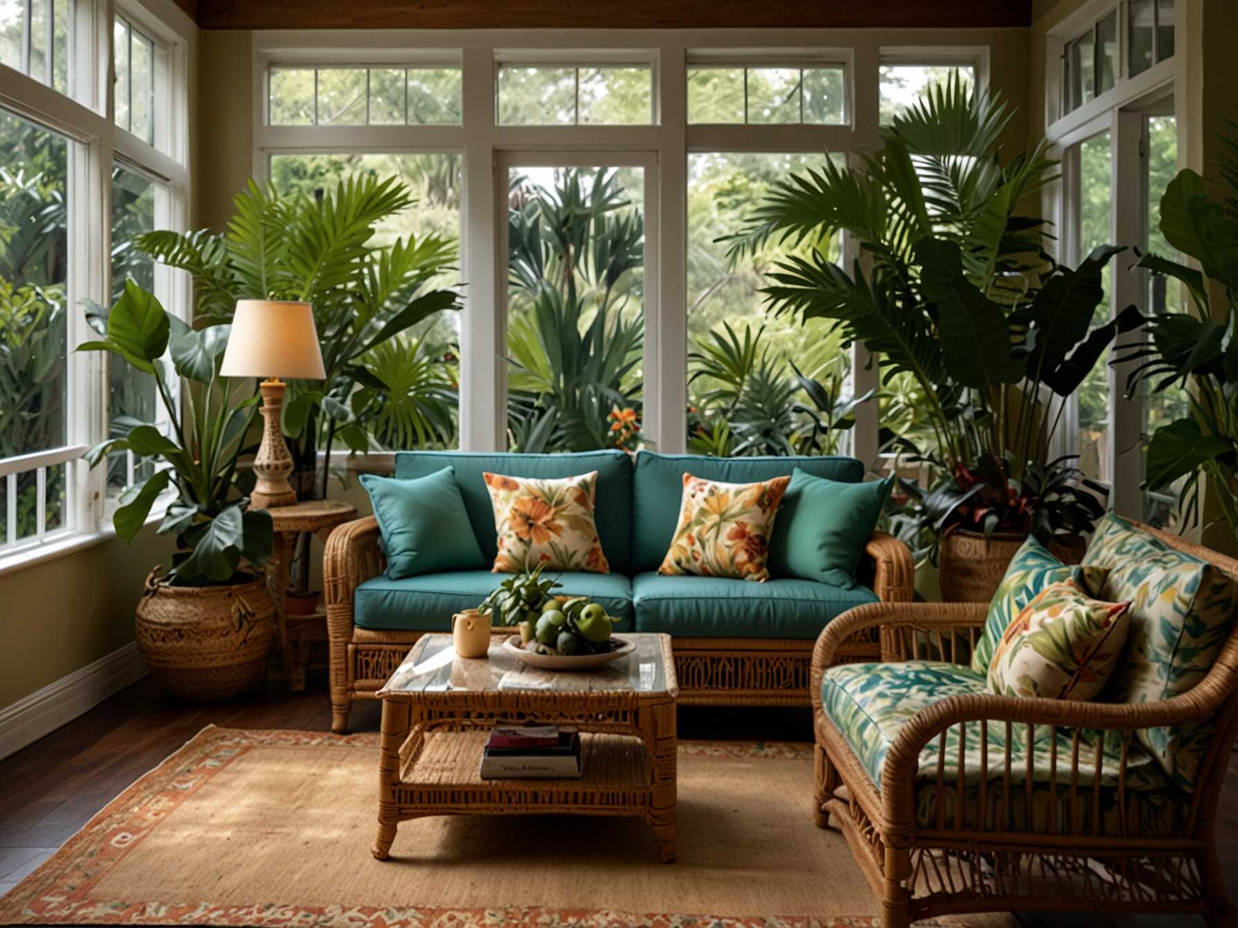  Turn your sunroom into a tropical paradise with lush green plants and bright colors. Use wicker furniture and add colorful cushions and tropical-themed decor. This design will make you feel like youre on vacation year-round.  