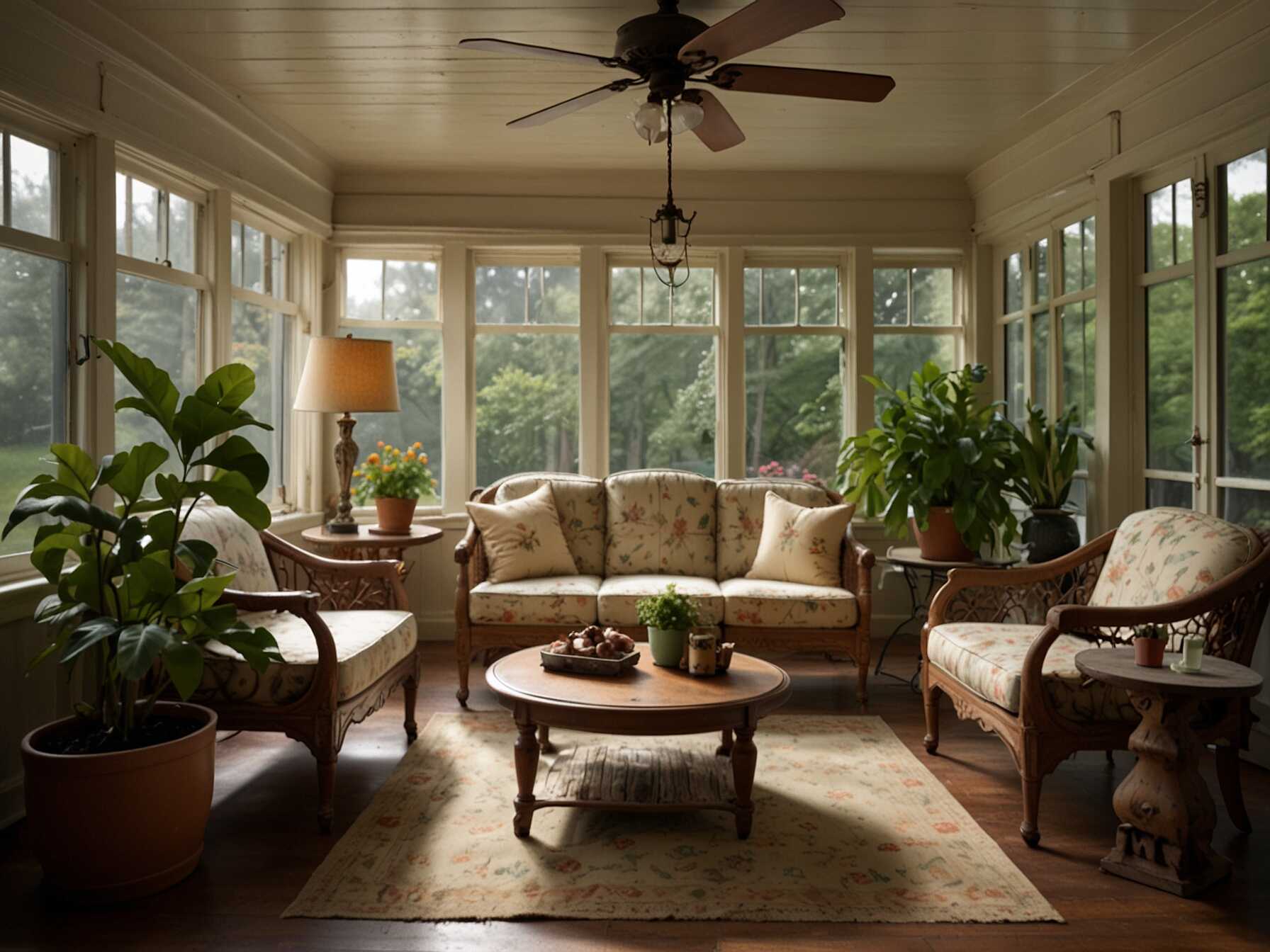  Create a nostalgic atmosphere with a vintage-inspired sunroom. Use antique furniture and decor, such as an old-fashioned chaise lounge and vintage lamps. This design will make you feel like youve stepped back in time.  