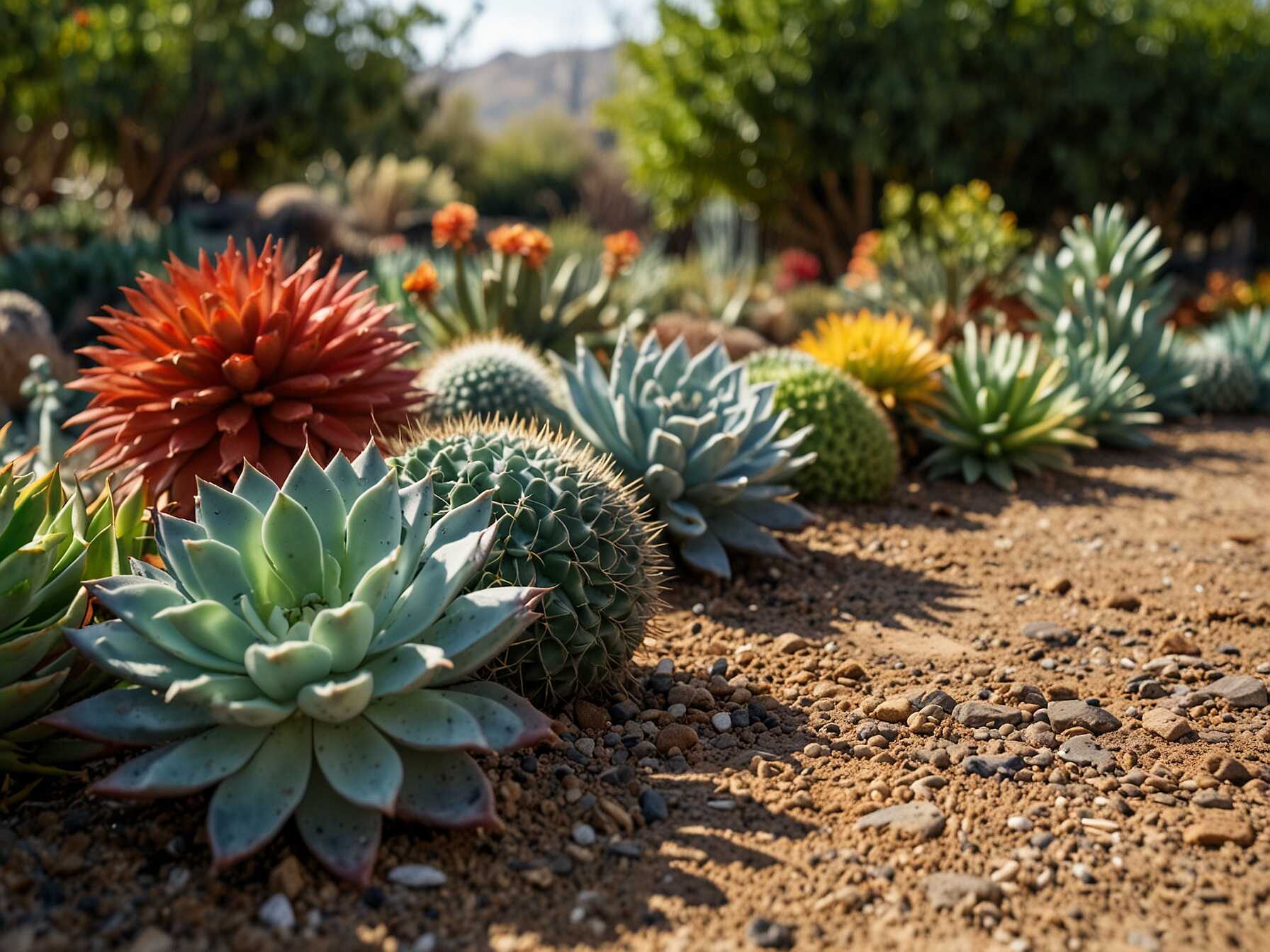 Opt for drought-resistant plants to save water and maintenance time. Succulents and cacti are good choices and look amazing in garden settings.  